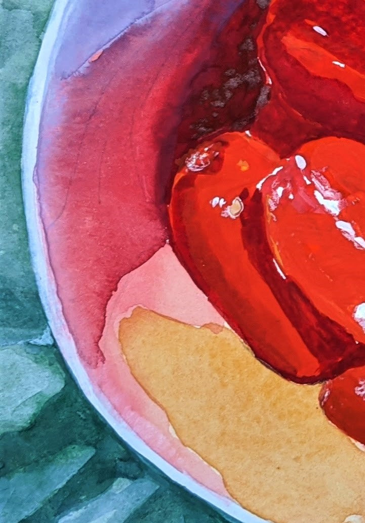 Bowl of tomatoes watercolor and gouache painting detail
