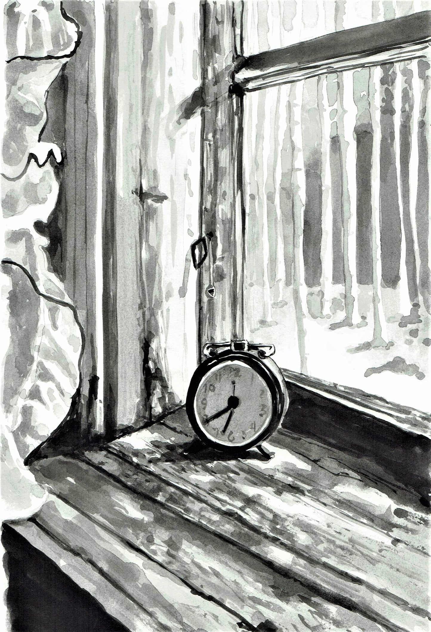Clock in window watercolor painting