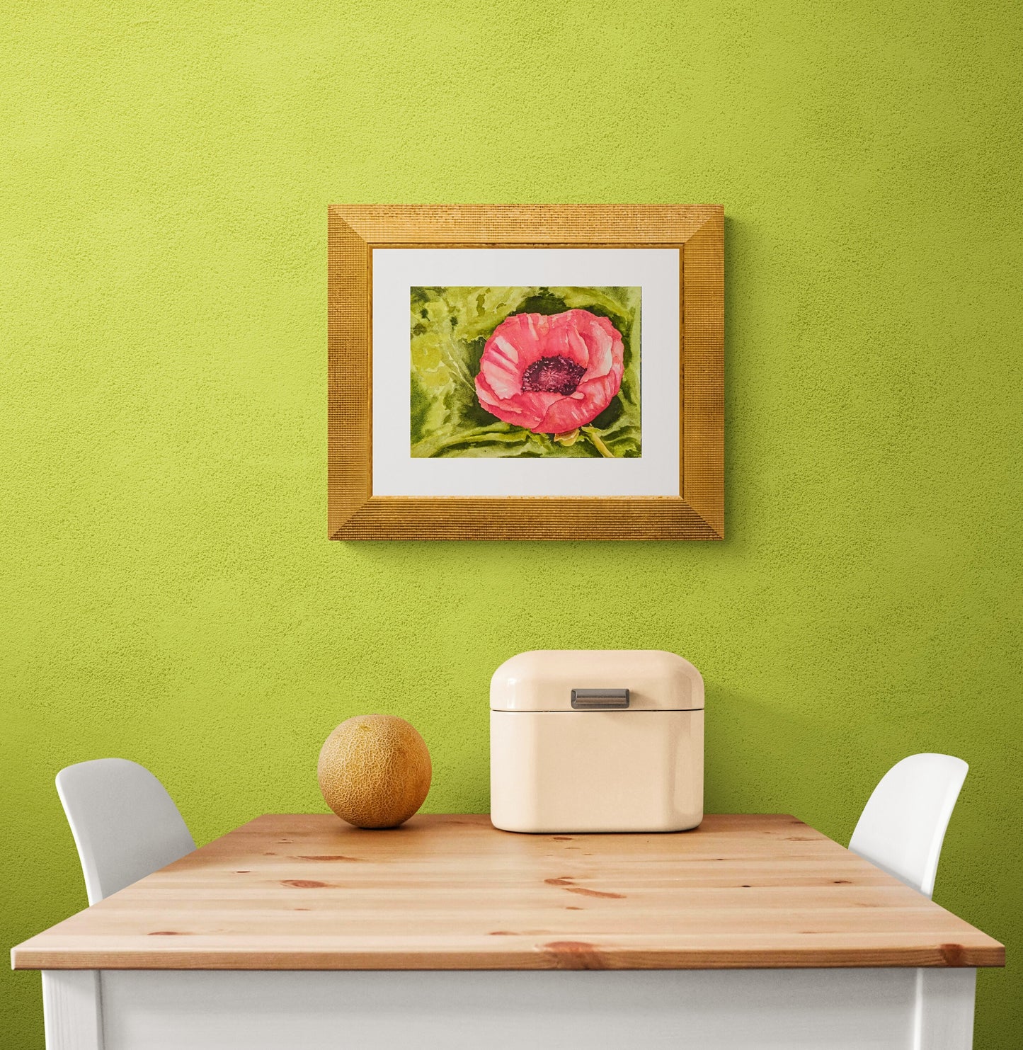 Coral Poppy bright watercolor painting on grass green wall.