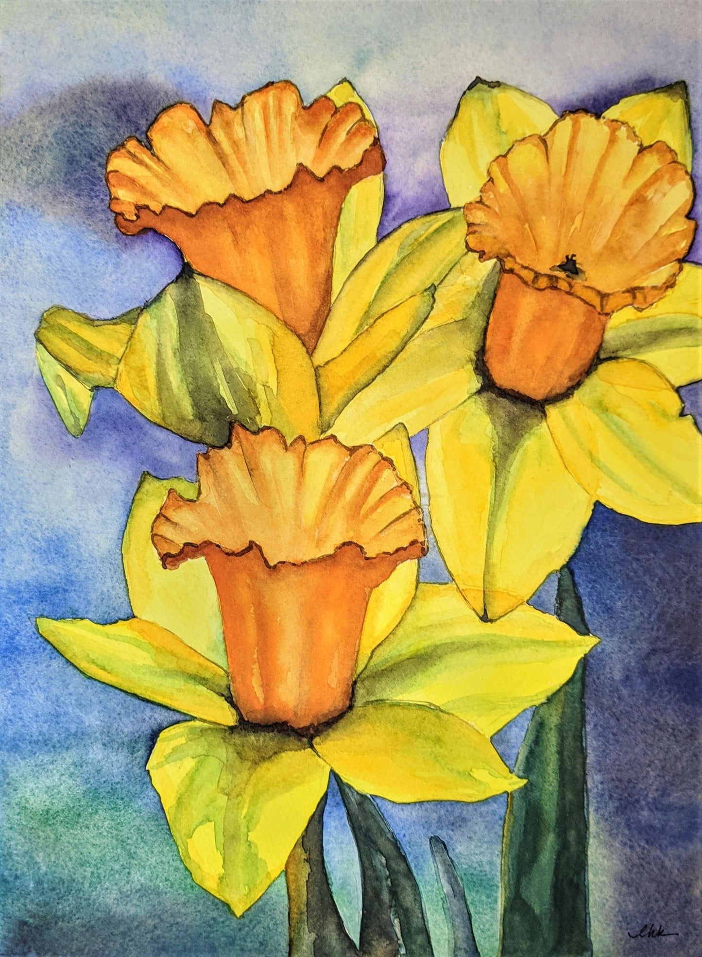 Daffodils at dusk watercolor painting