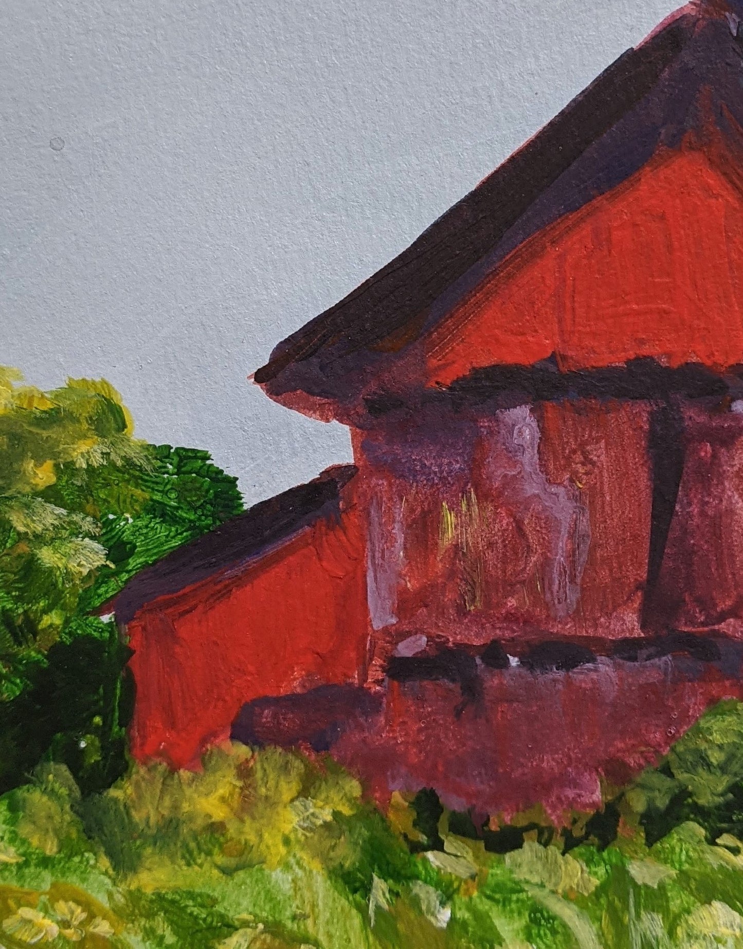 Favorite Red Barn acrylic painting on paper detail