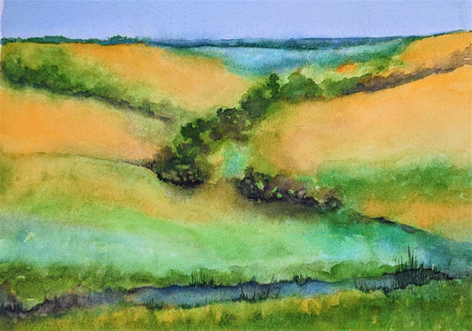 Kansas Flint Hills in Blue Haze watercolor painting on paper