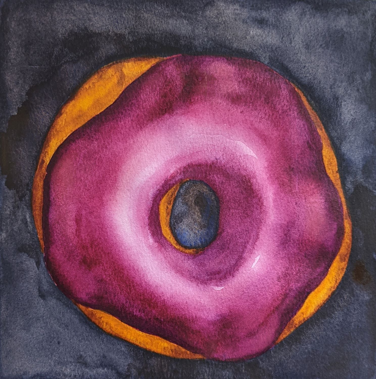 Glazed Purple donut watercolor painting on paper