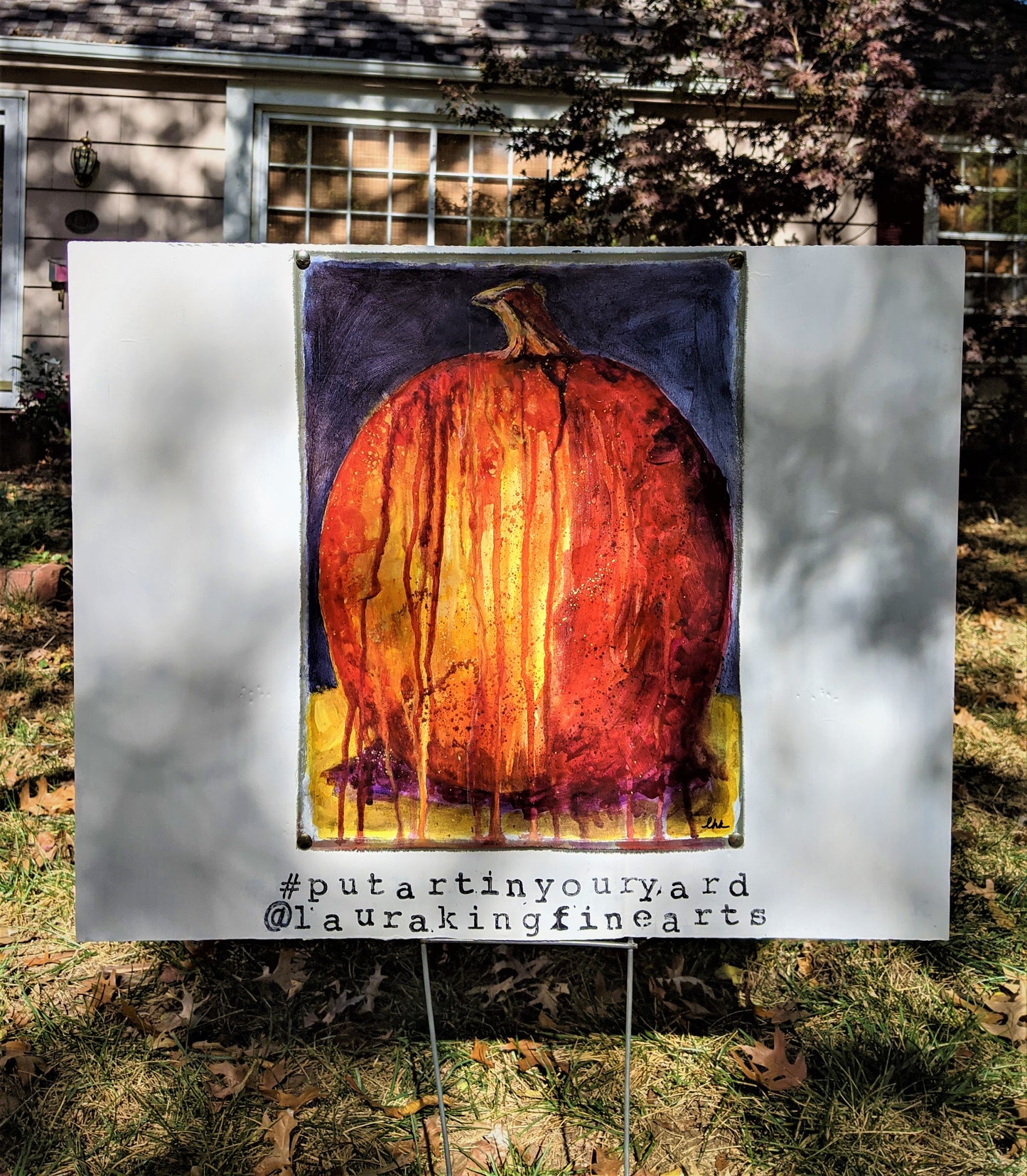 Haunted Pumpkin in the Yard acrylic painting for #putartinyouryard project on cloth