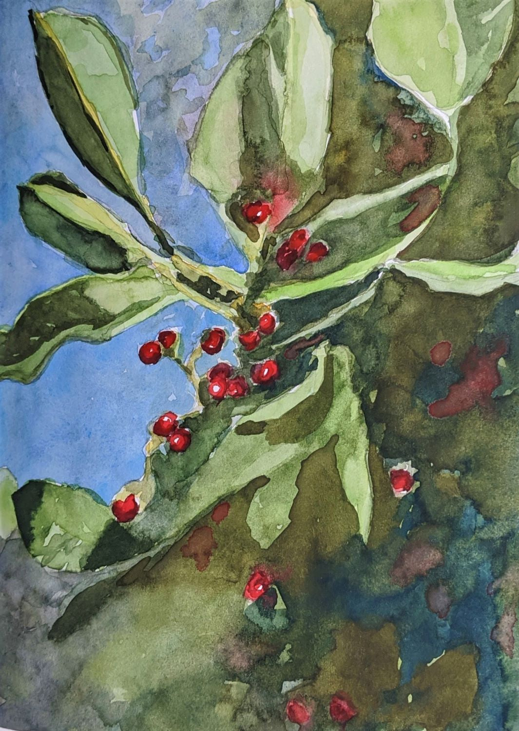 Holly watercolor painting on paper