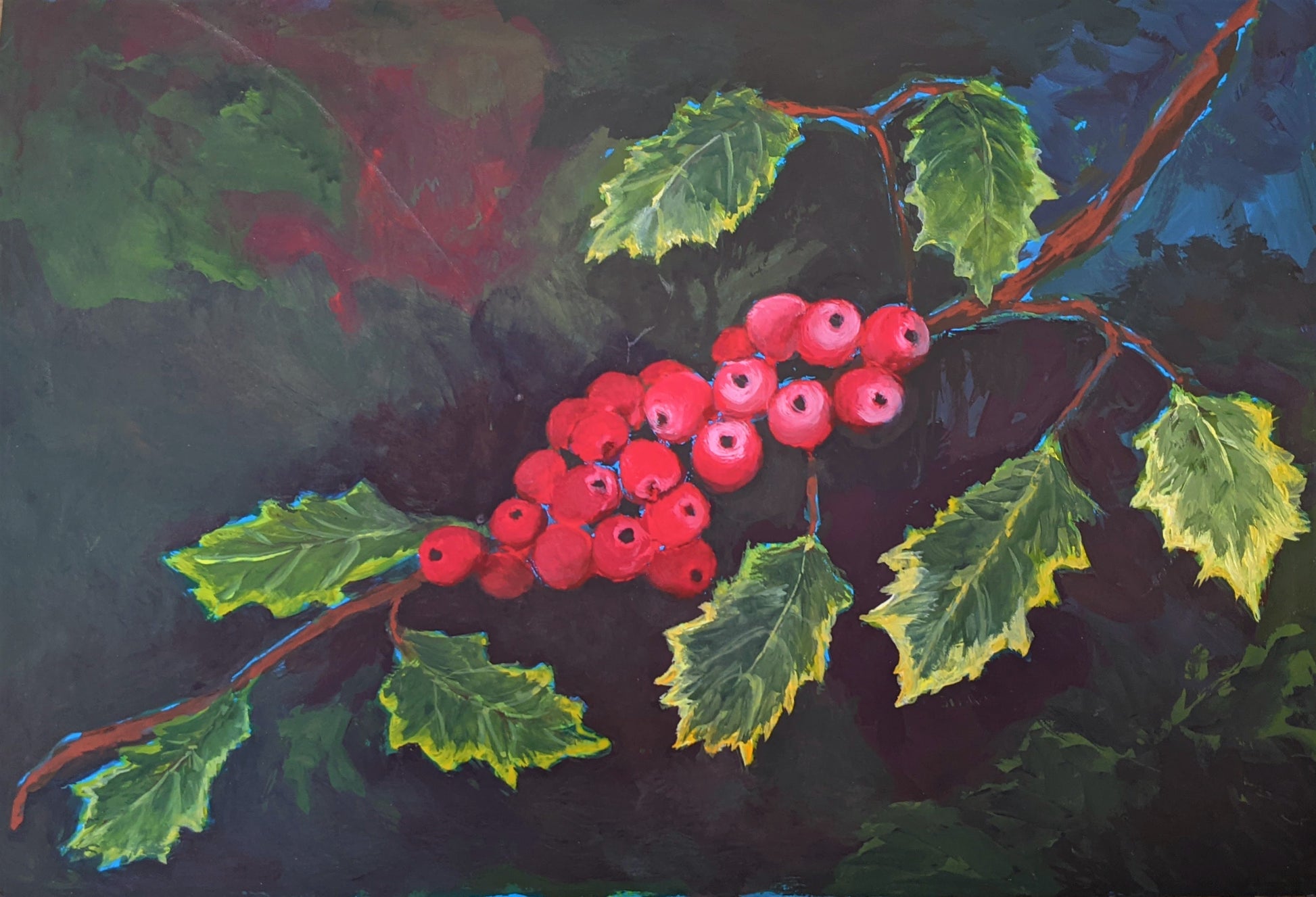 Holly Branch flashe acrylic painting on paper