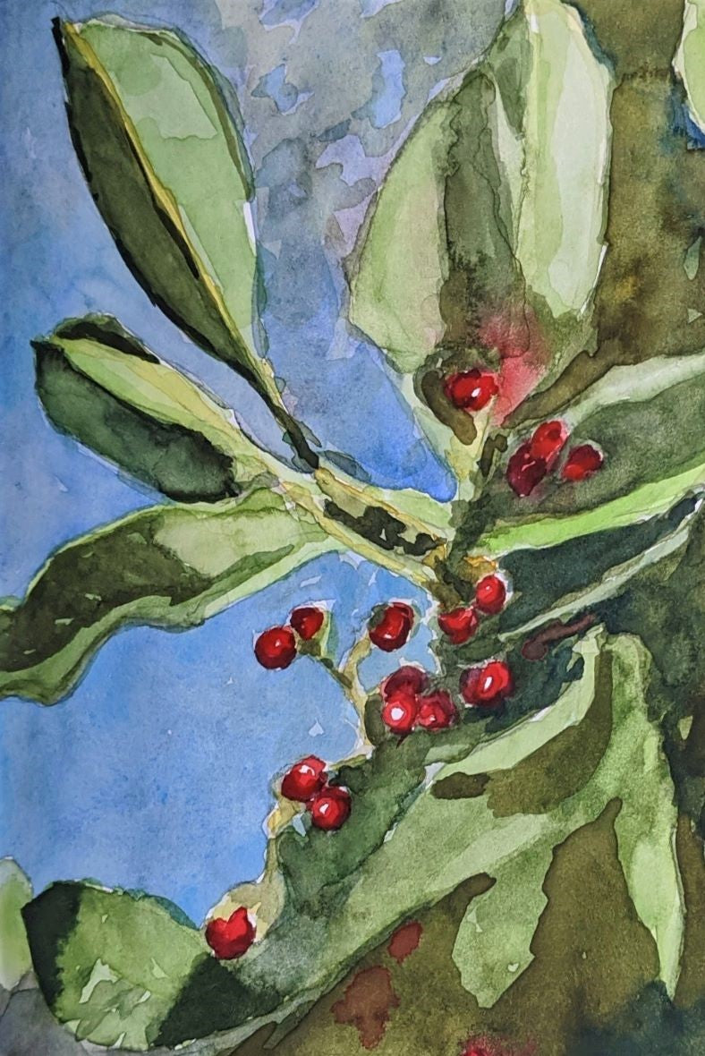 Holly watercolor painting on paper detail