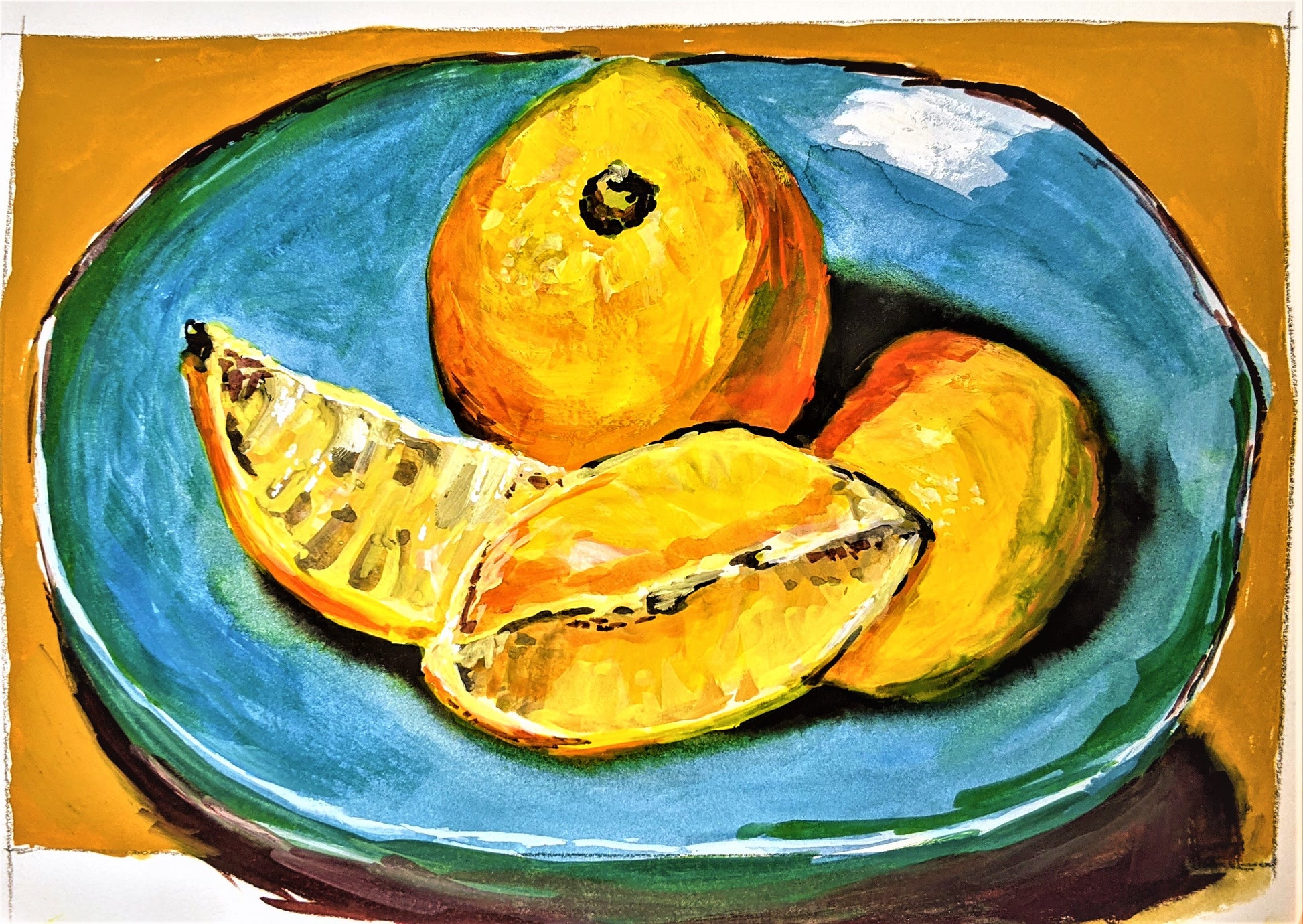 Lemons on Turquoise gouache painting on paper