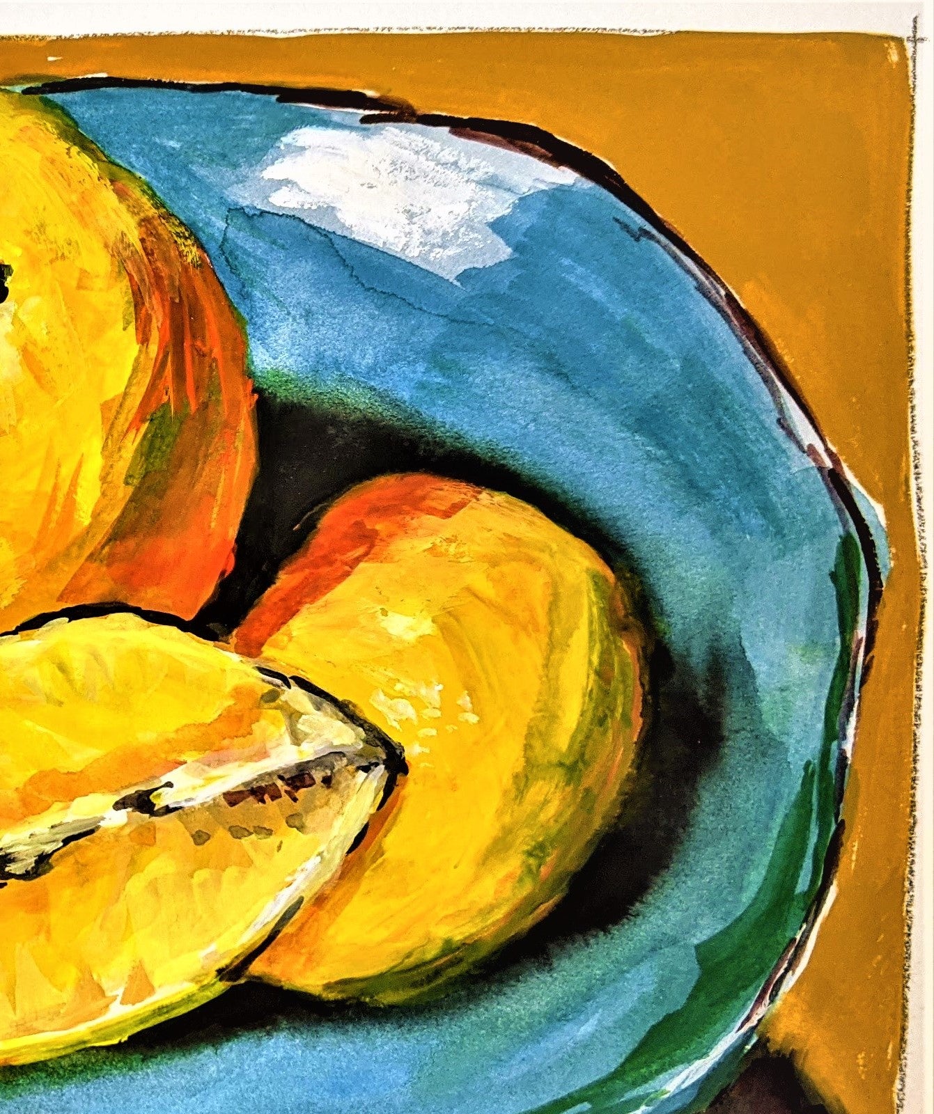 Lemons on Turquoise gouache painting on paper detail