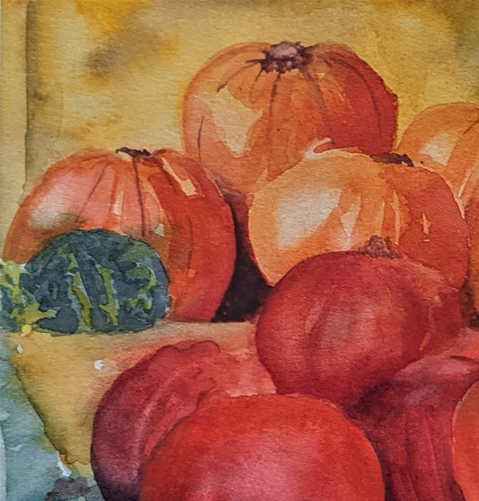 Market Pumpkins watercolor painting on paper detail
