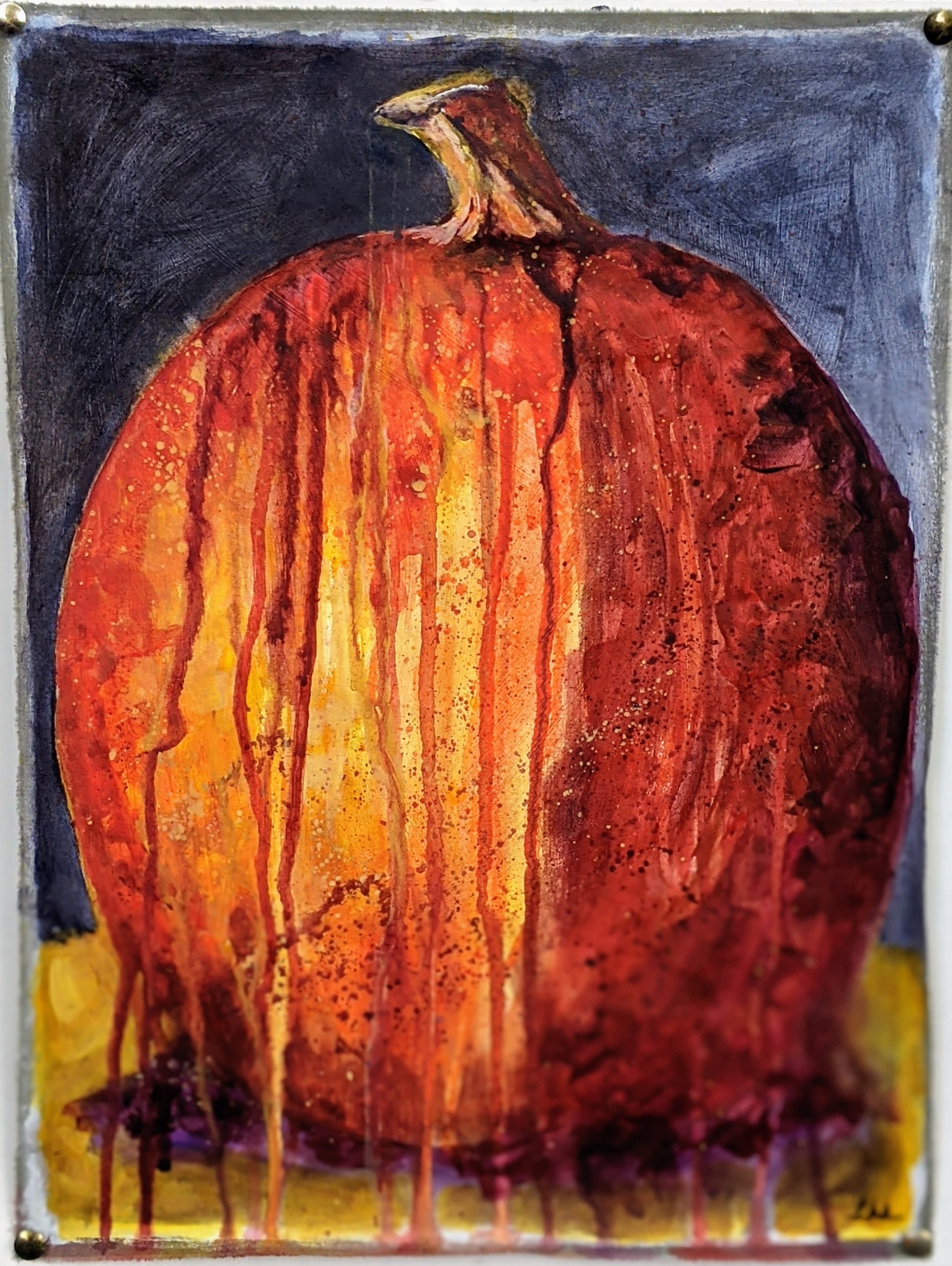 Haunted Pumpkin in the Yard acrylic painting on cloth