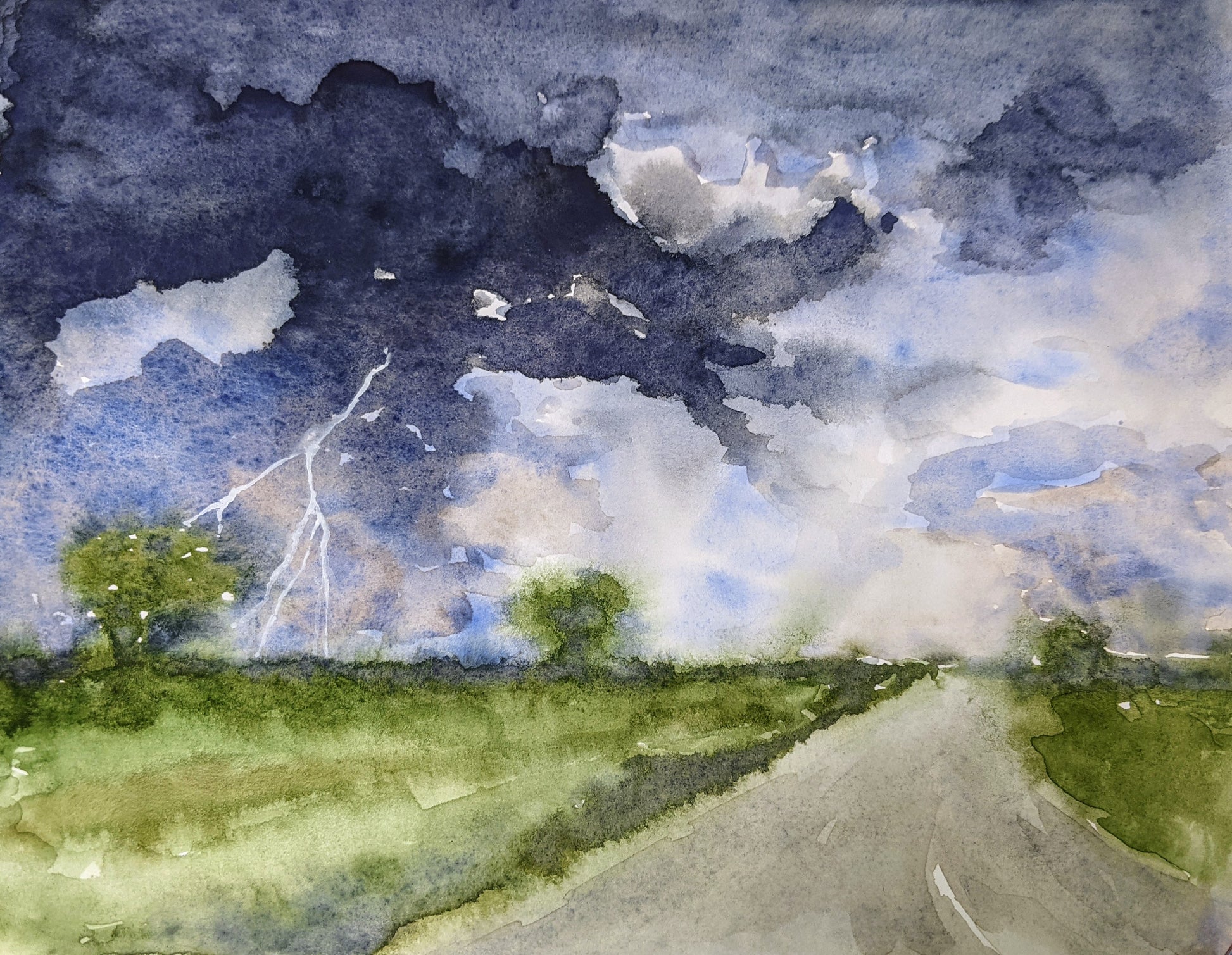Driving into Storm on I-70 watercolor painting on paper