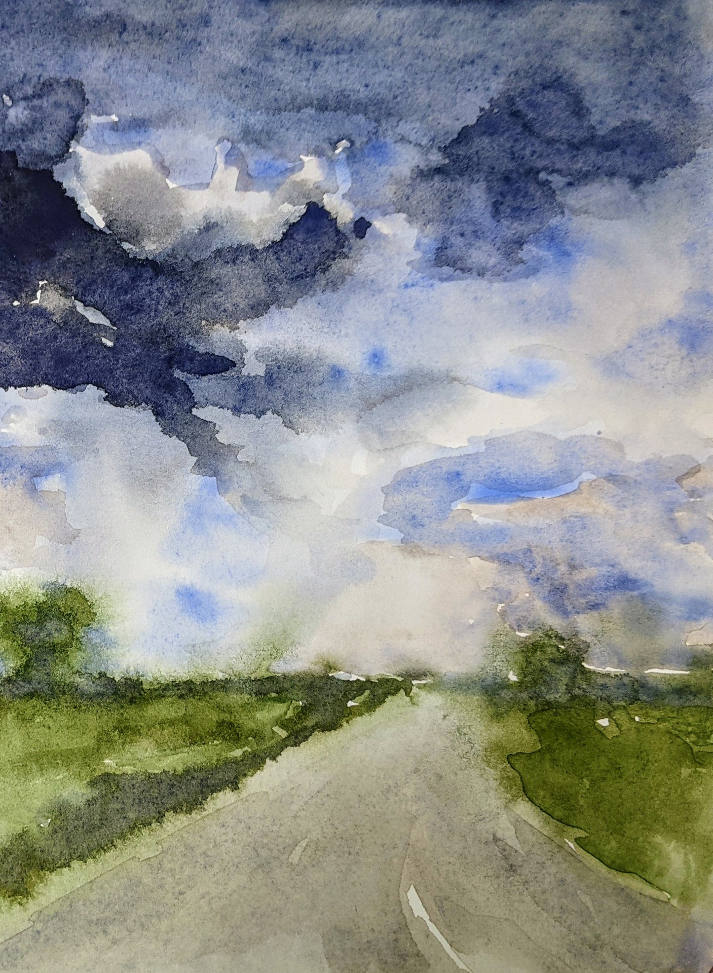 Driving into Storm on I-70 watercolor painting on paper detail