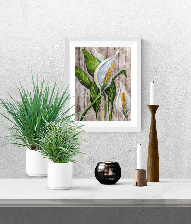 Peace Lily serene watercolor painting with plants and candles.