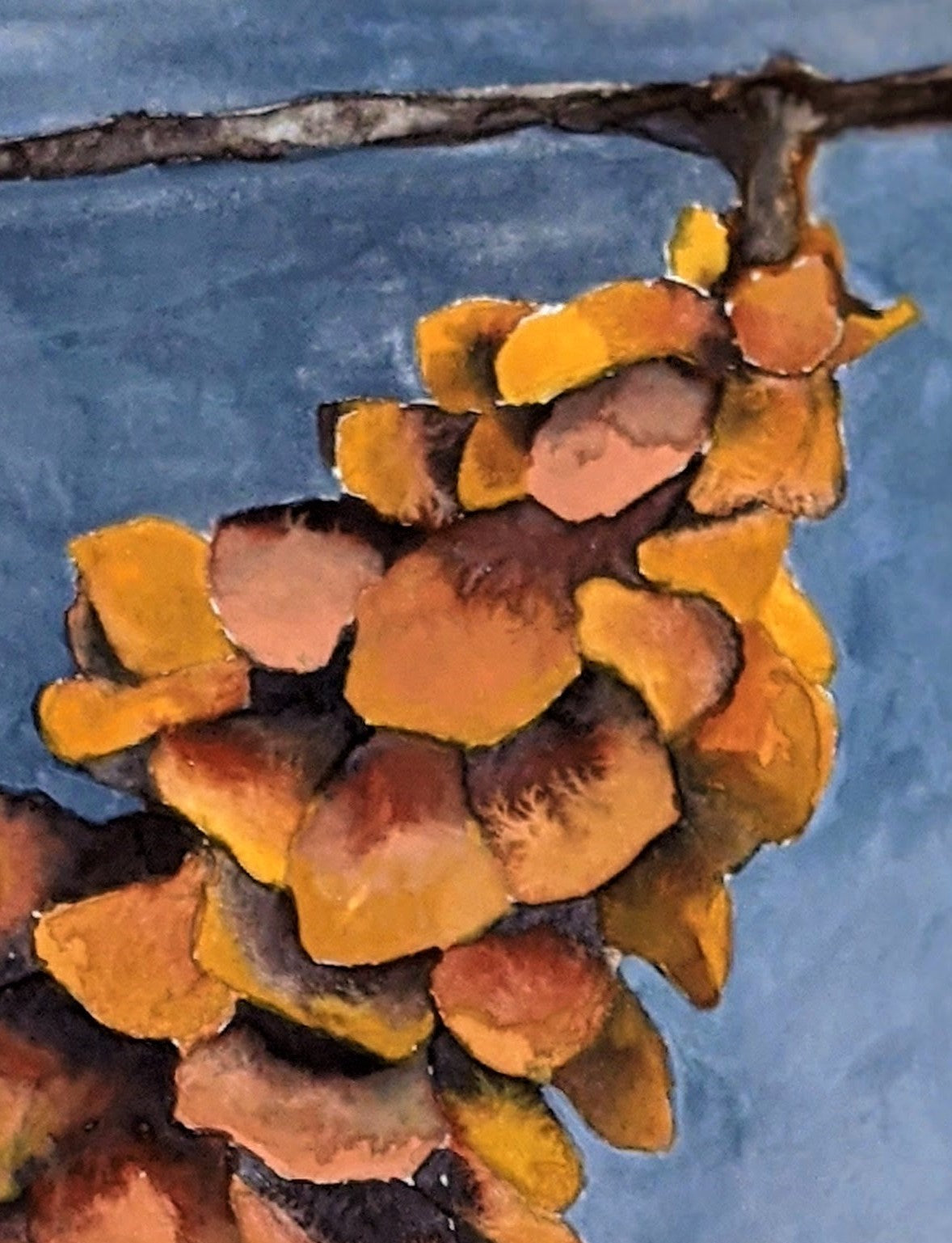 Pine Cone in Winter gouache painting on paper detail