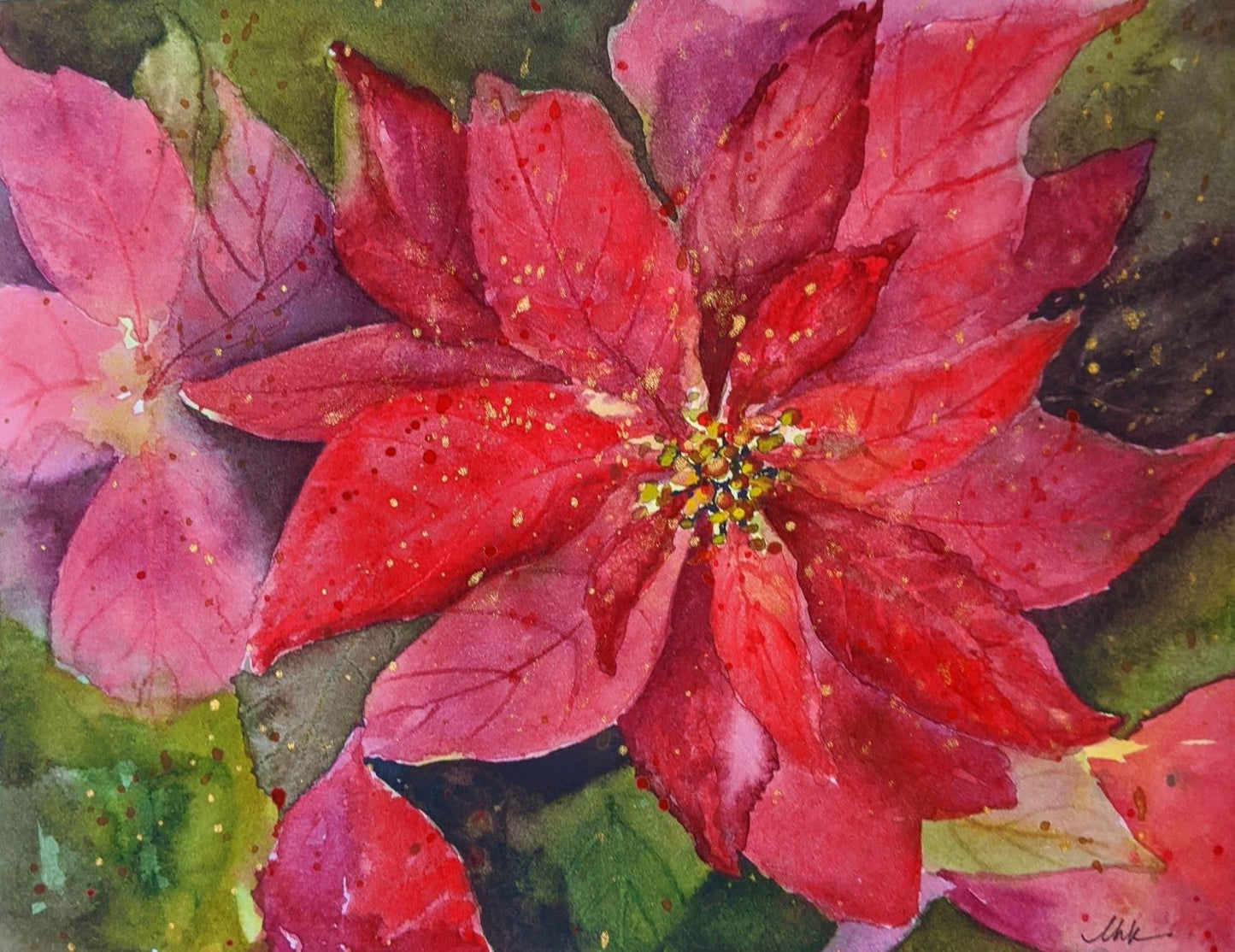 Poinsettia Sparkling watercolor painting on paper