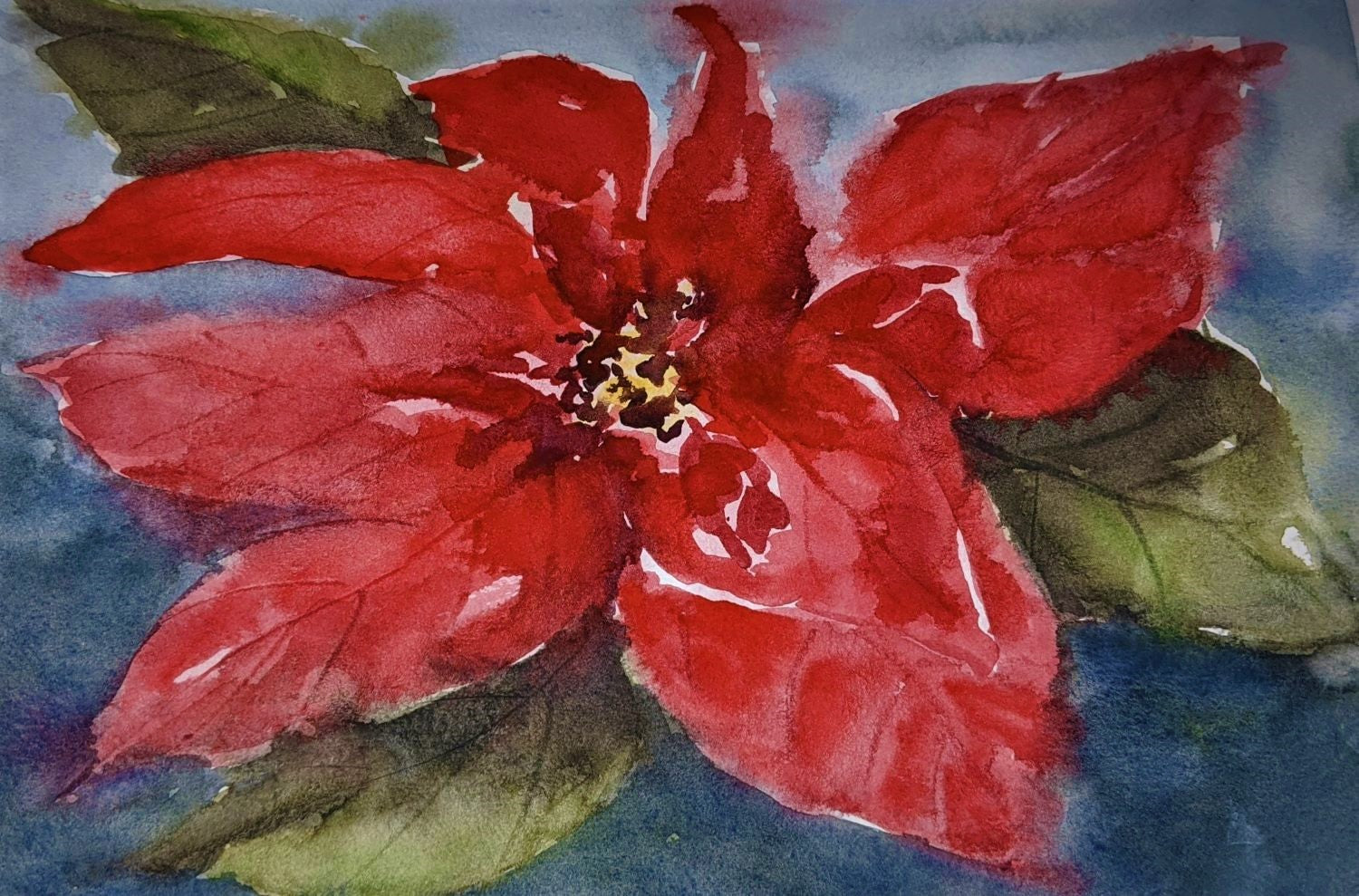 Poinsettia Wash watercolor painting on paper