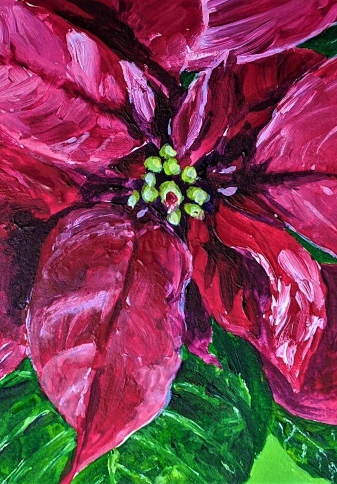Green Table poinsettia acrylic painting on paper detail