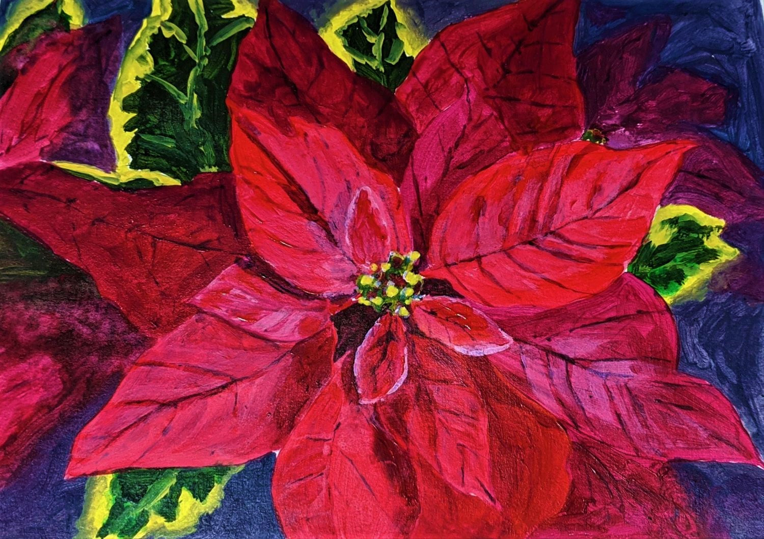 Red& Green poinsettia acrylic painting on paper