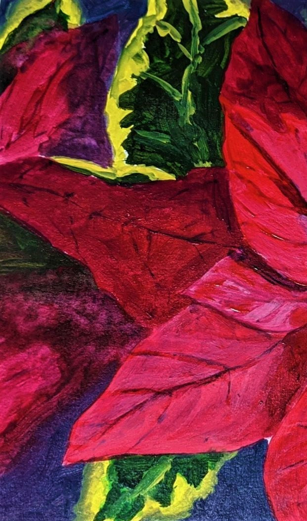 Red & Green poinsettia acrylic painting on paper detail