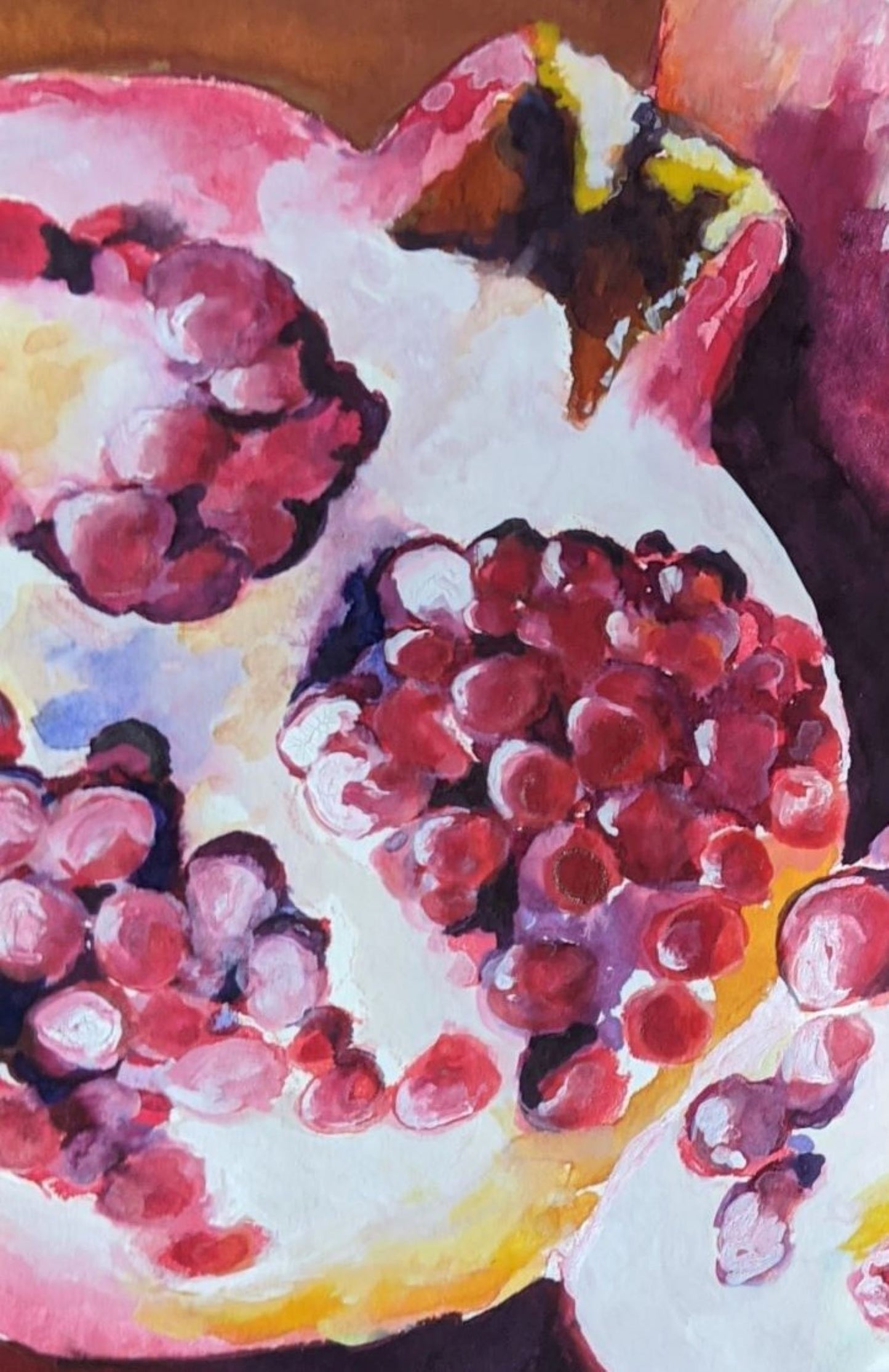 Pomegranates gouache painting detail