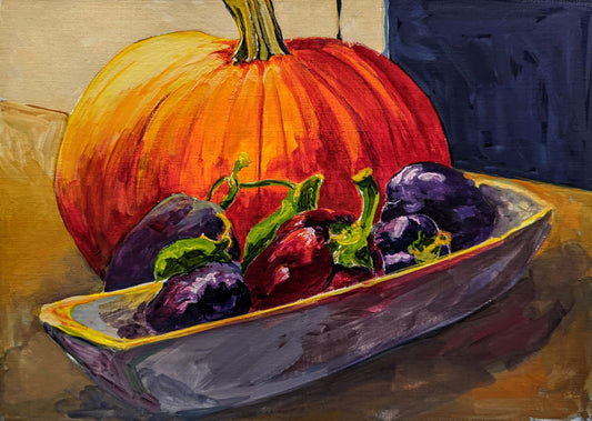 Pumpkin and Peppers gouache & acrylic painting on paper
