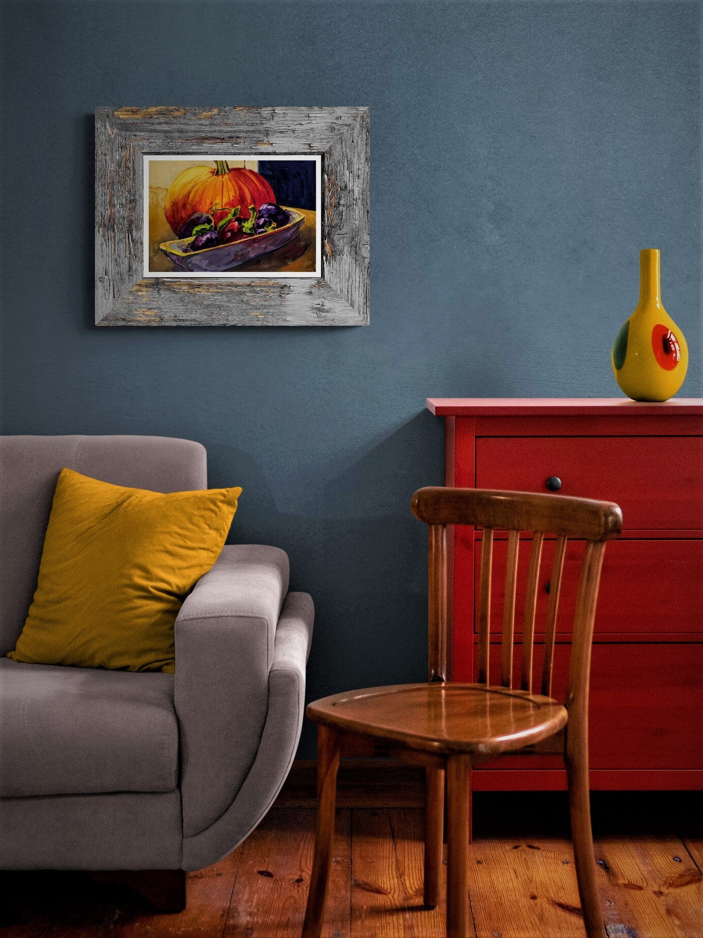Pumpkin and Peppers Painting in blue living room