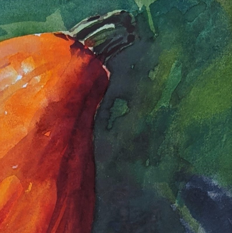 Pumpkin in Shadows watercolor painting on paper detail