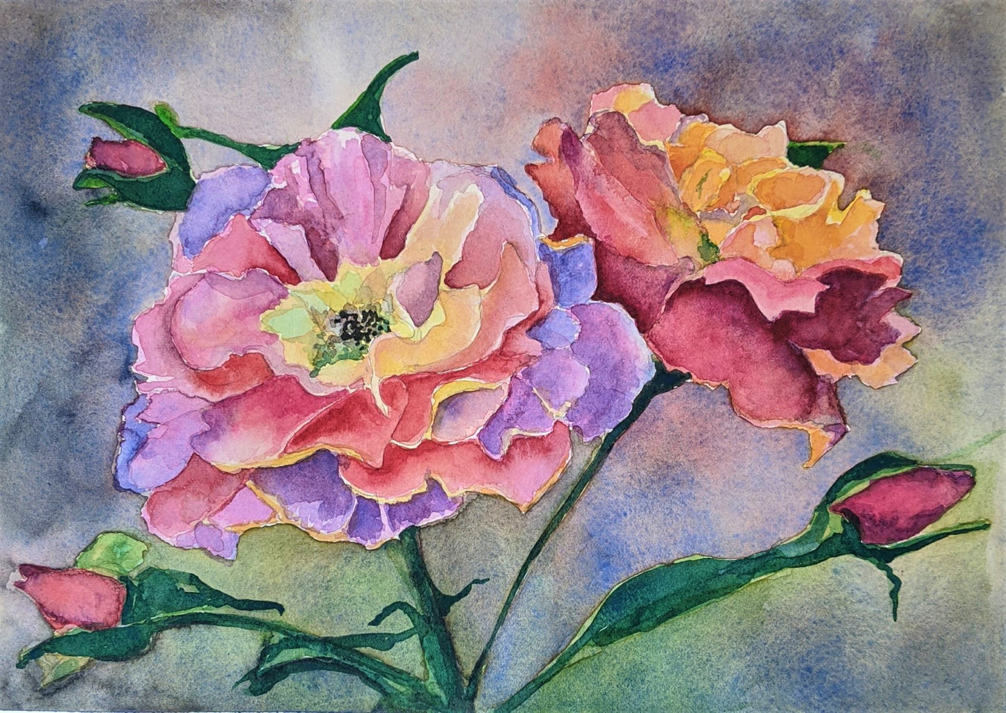 Rainbow roses watercolor painting