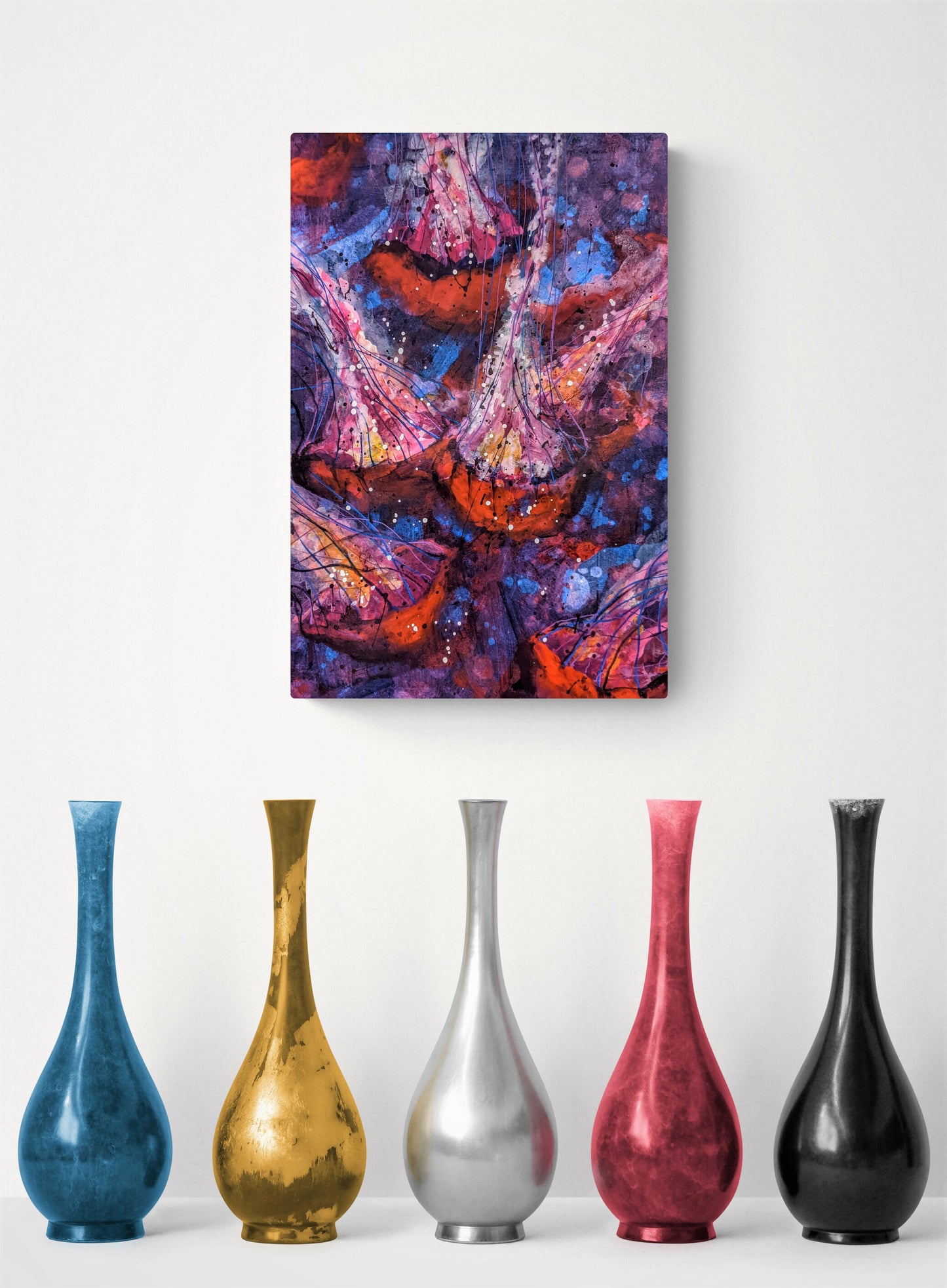 Purple & Red Jellyfish in the Deep acrylic painting on paper in room with vases