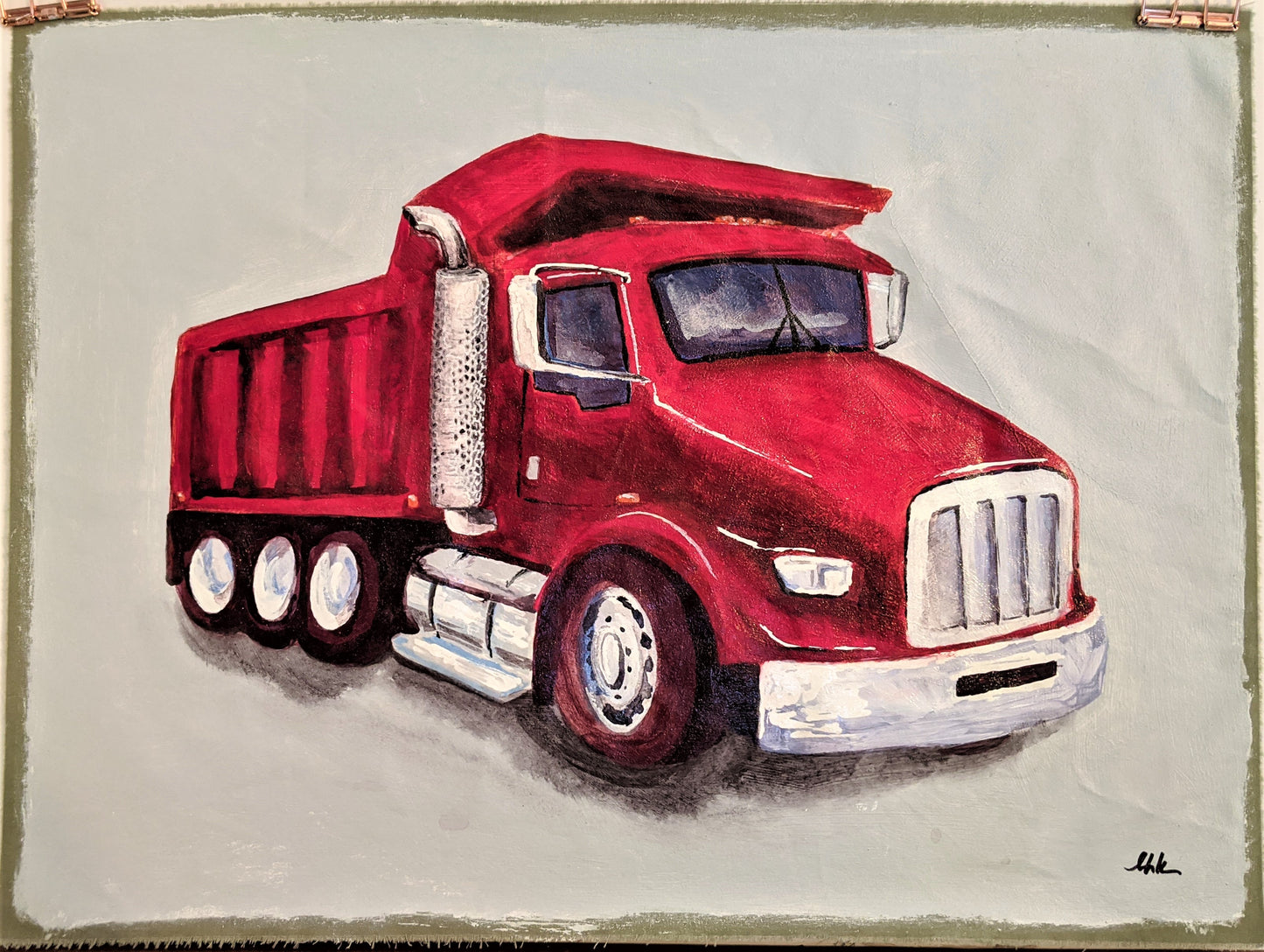 Red Truck in the Yard acrylic painting on cloth