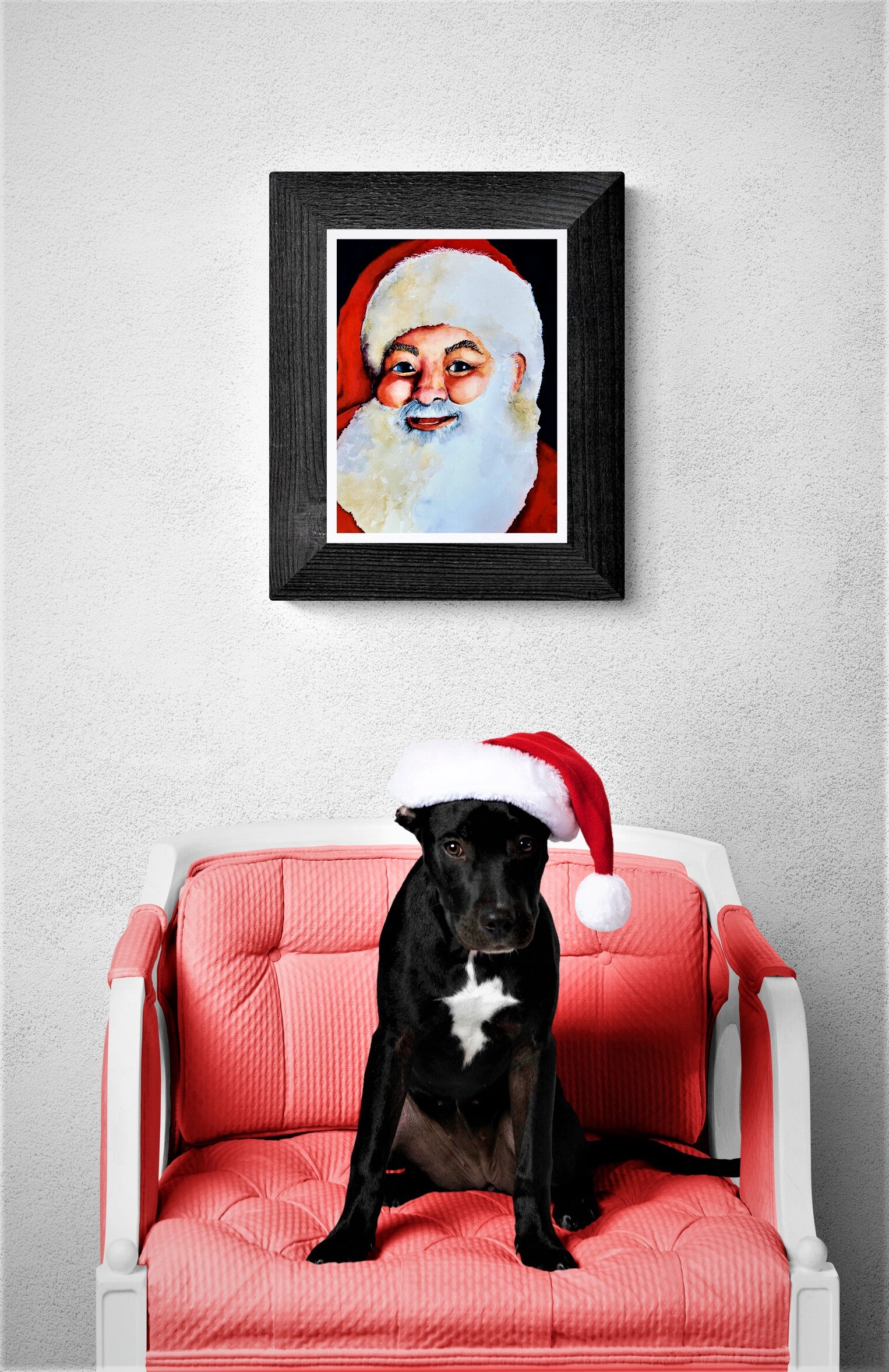 Santa watercolor painting above Chair with Santa Puppy