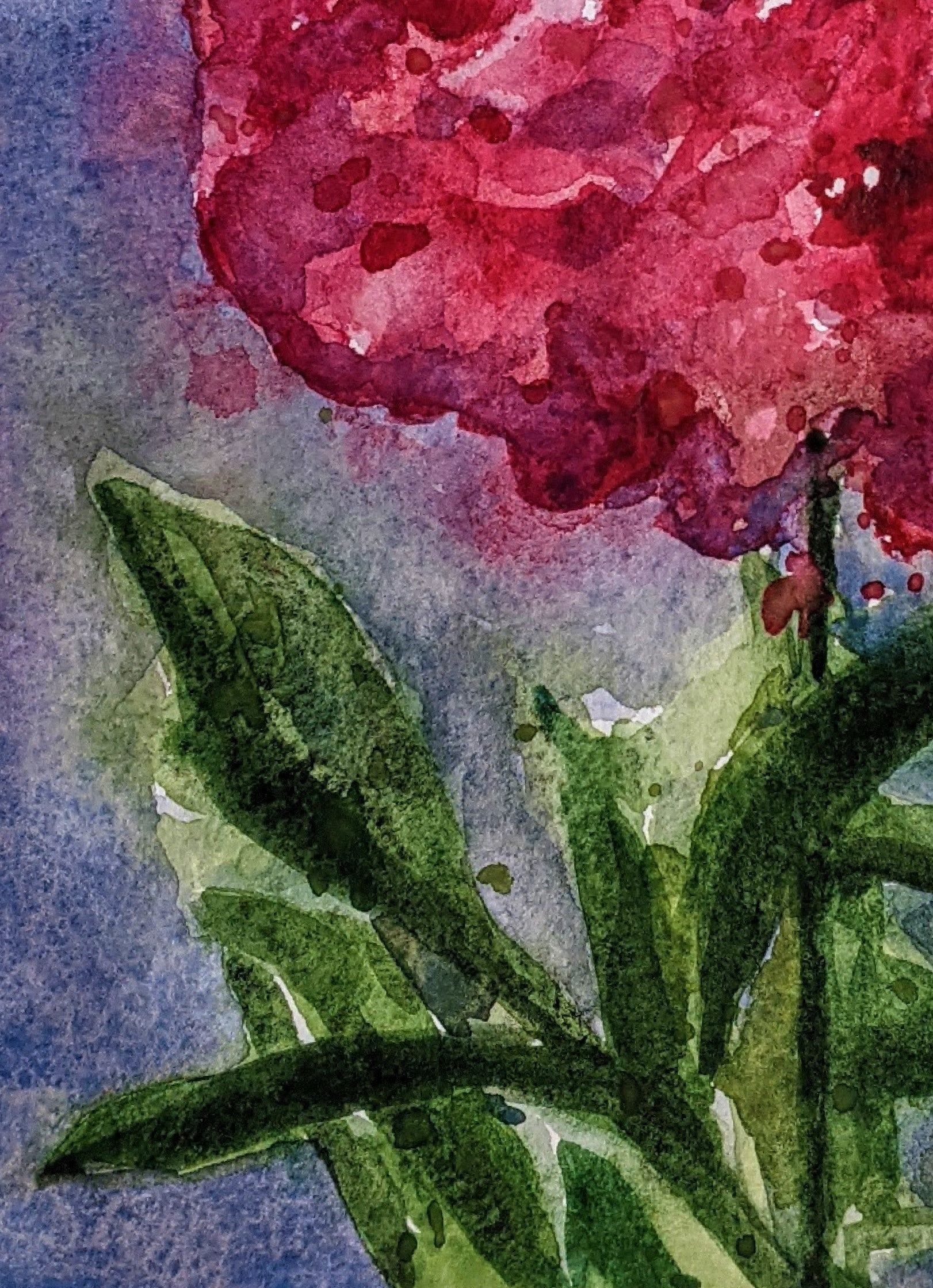 Single Peony watercolor painting on handmade paper detail
