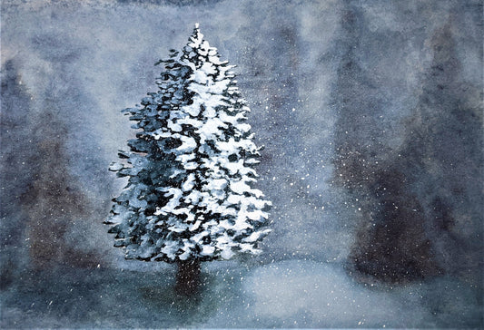 Snowstorm in the Forest watercolor painting on paper