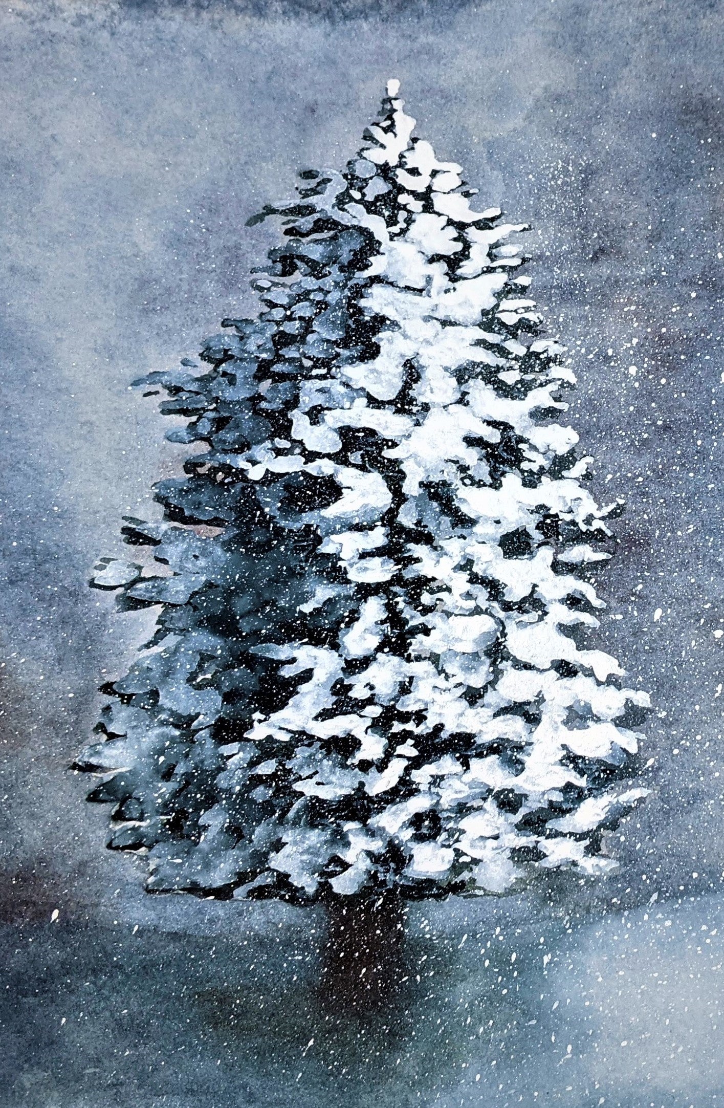 Snowstorm in the Forest watercolor painting on paper detail