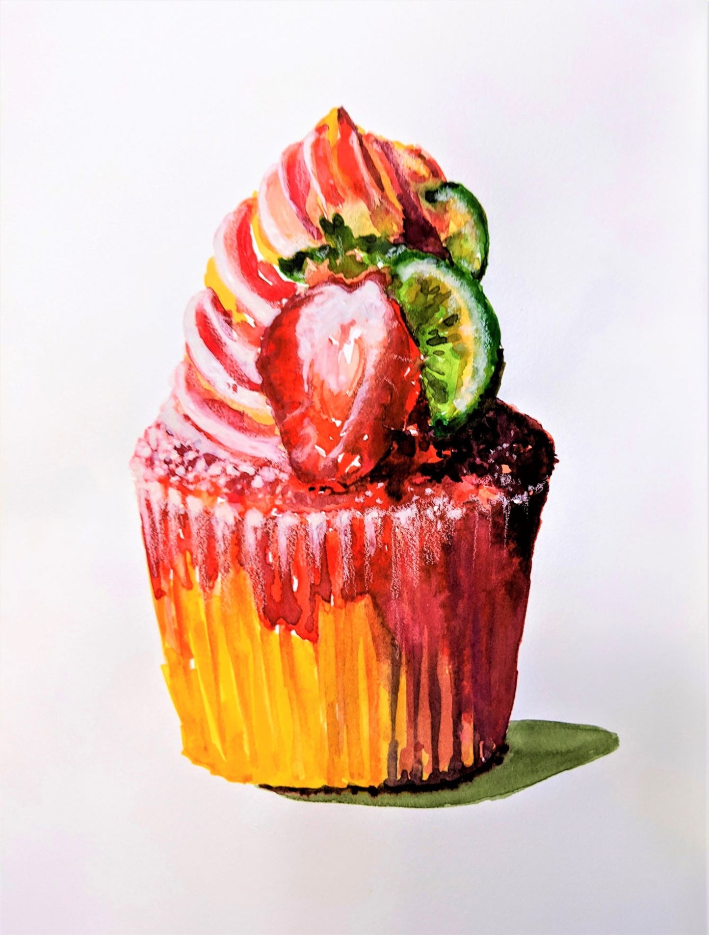 Strawberry cupcake watercolor painting
