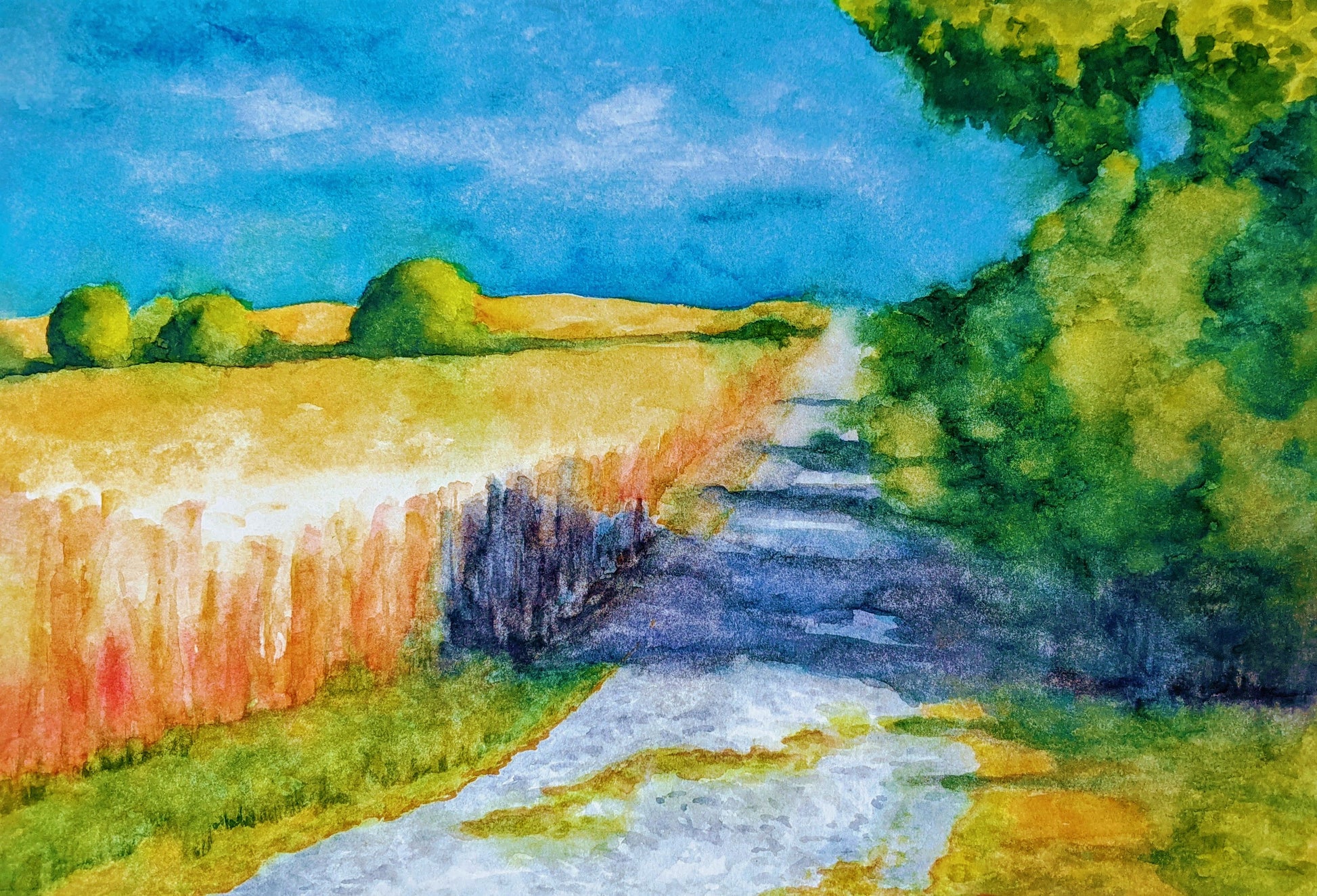 Sun & Shadows on the Plains, watercolor painting on paper