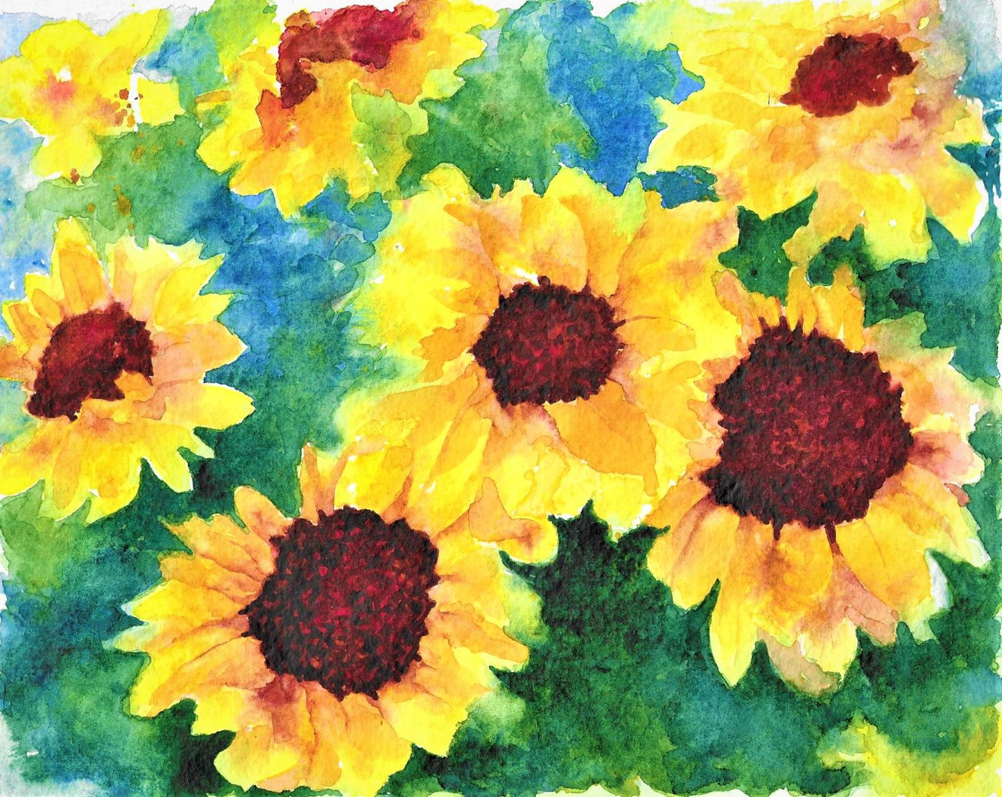 Sunflower Field watercolor painting on handmade paper
