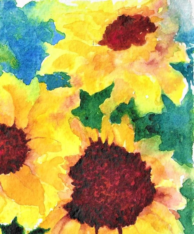 Sunflower Field watercolor painting on handmade paper detail