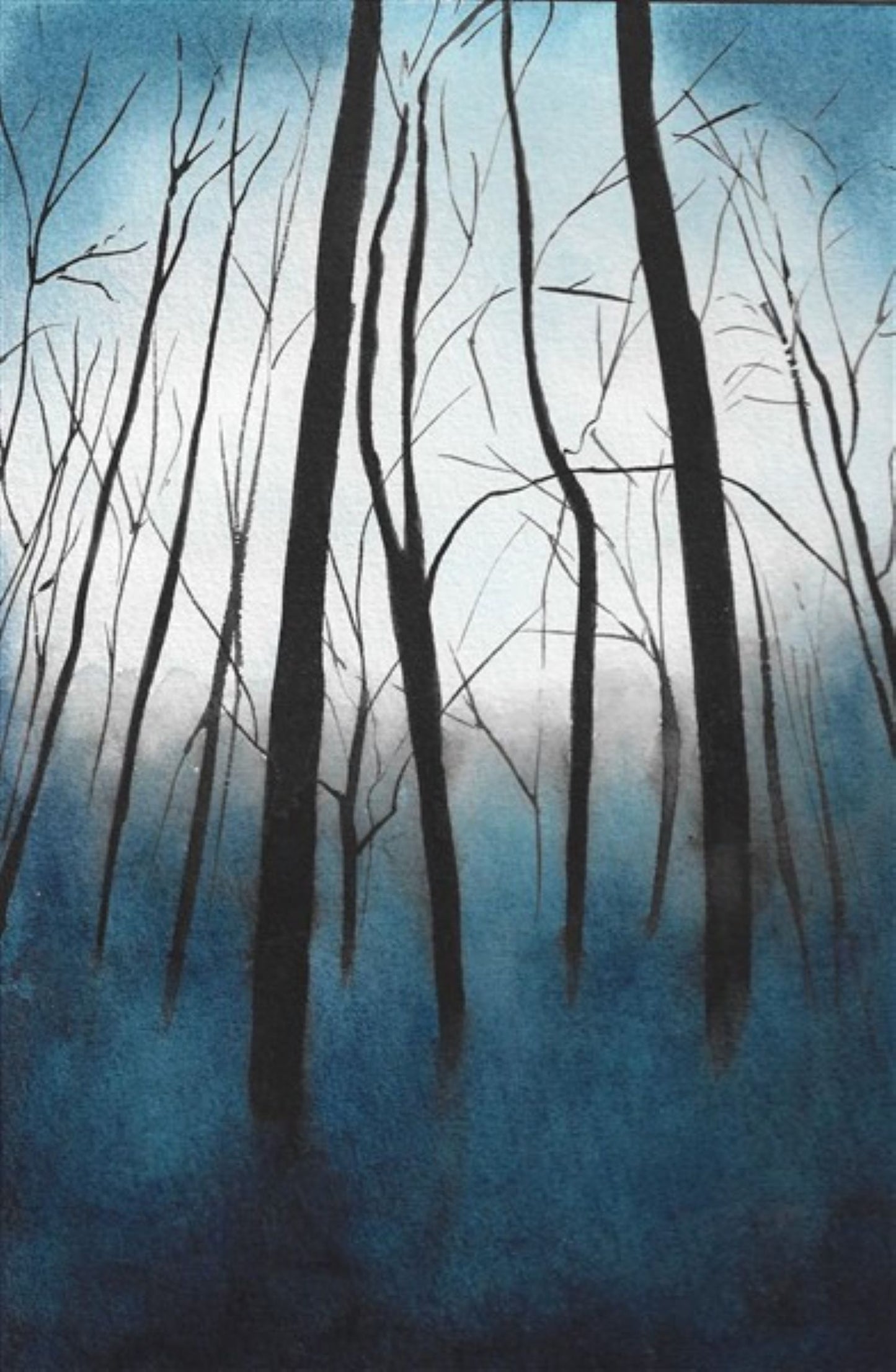 Trees in mist watercolor painting