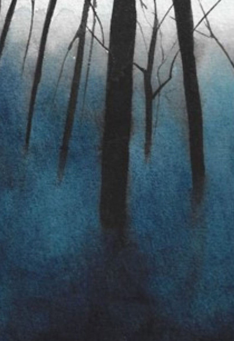 Trees in mist watercolor painting detail