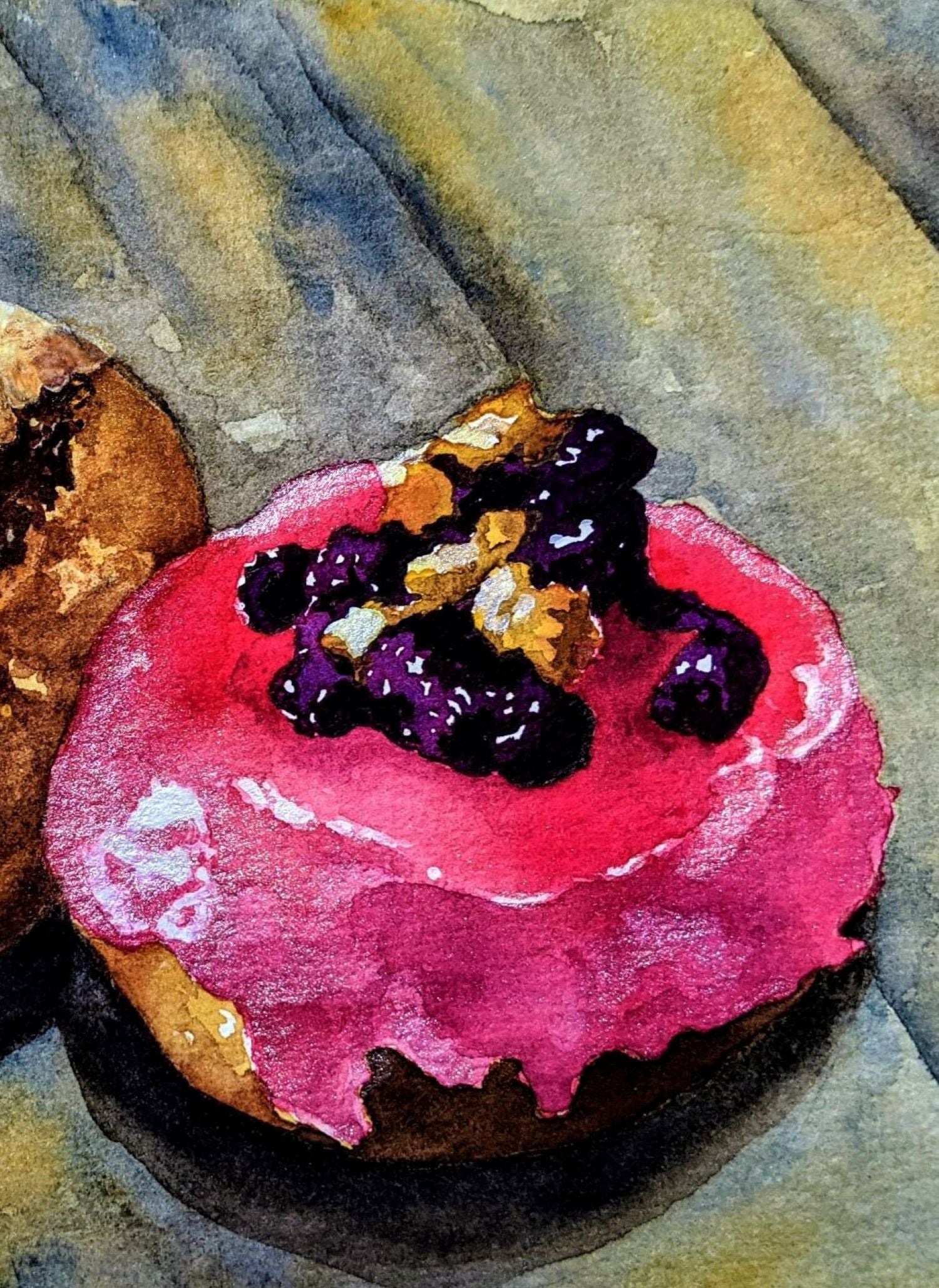 Two donuts watercolor painting detail