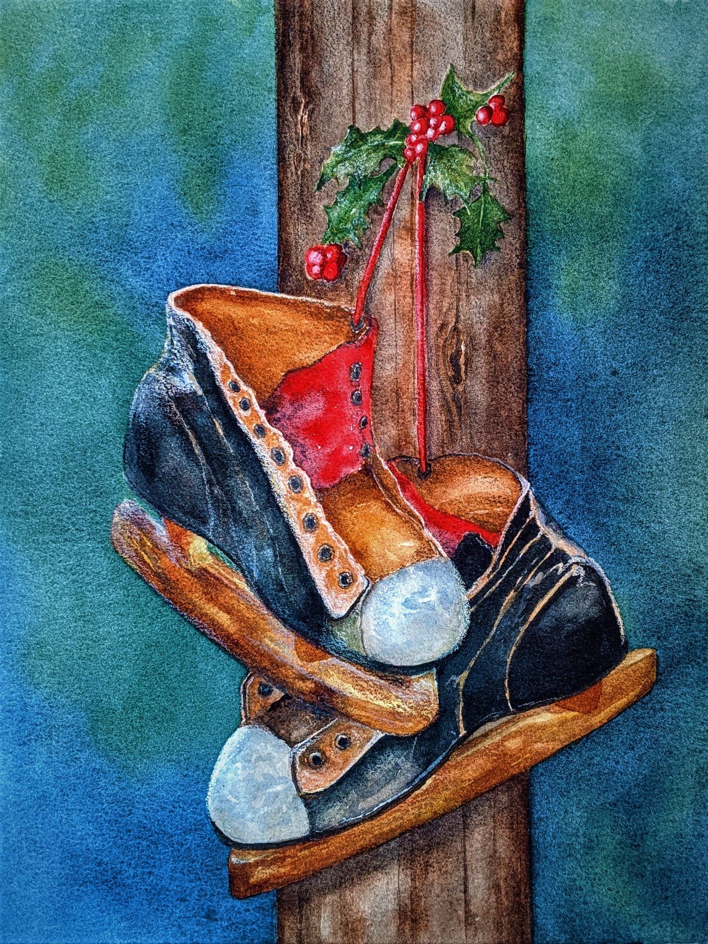 Vintage Skates watercolor painting on paper