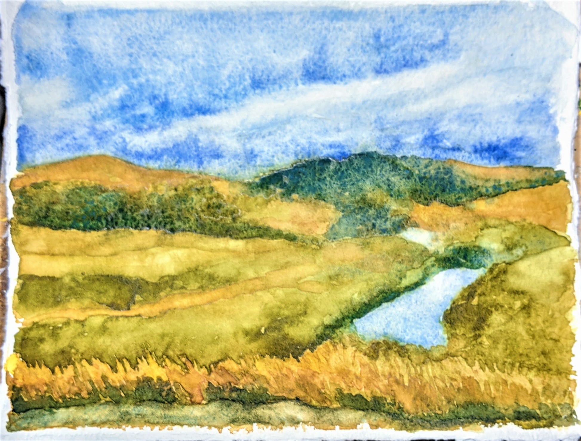 Water in the flint Hills watercolor painting on handmade paper