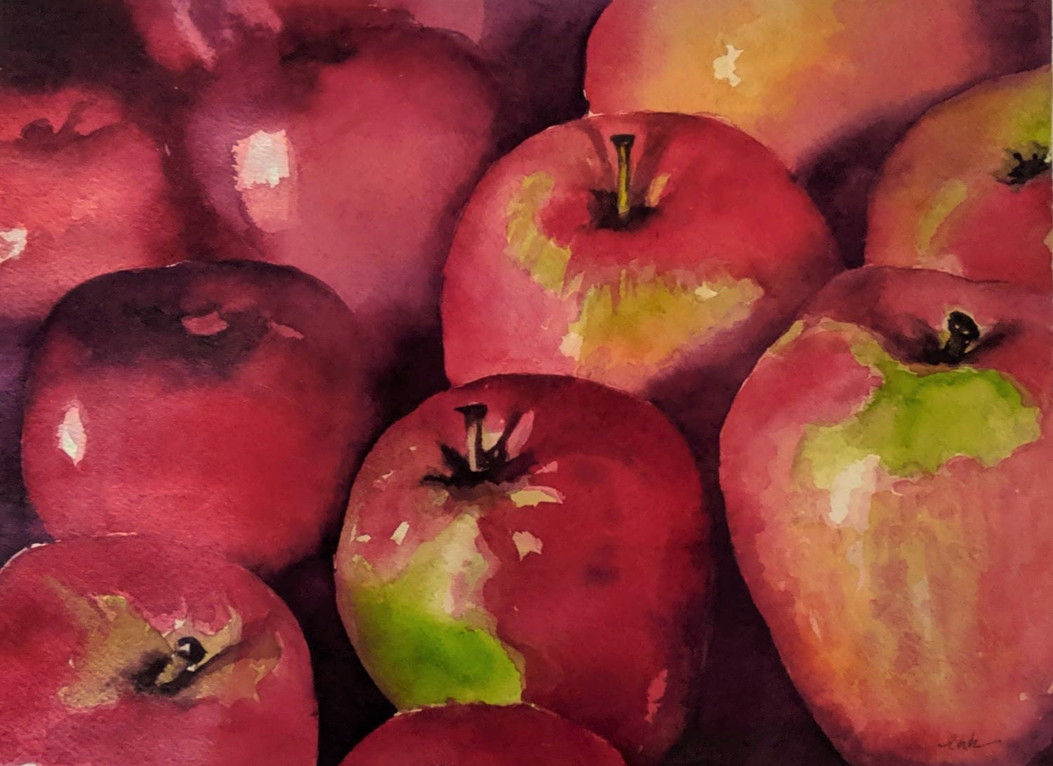 Apples in a row watercolor painting