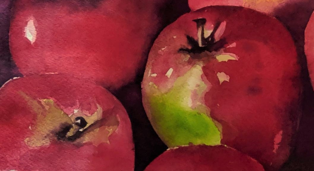 Apples in a row watercolor painting detail