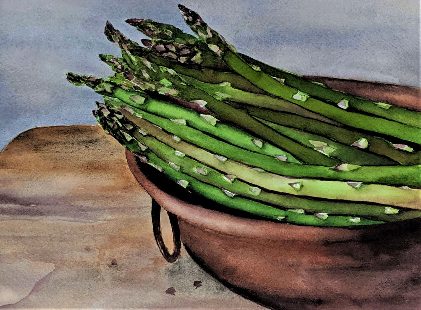 Copper bowl with asparagus watercolor painting