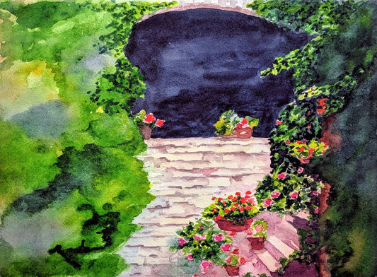 Geraniums in France watercolor painting