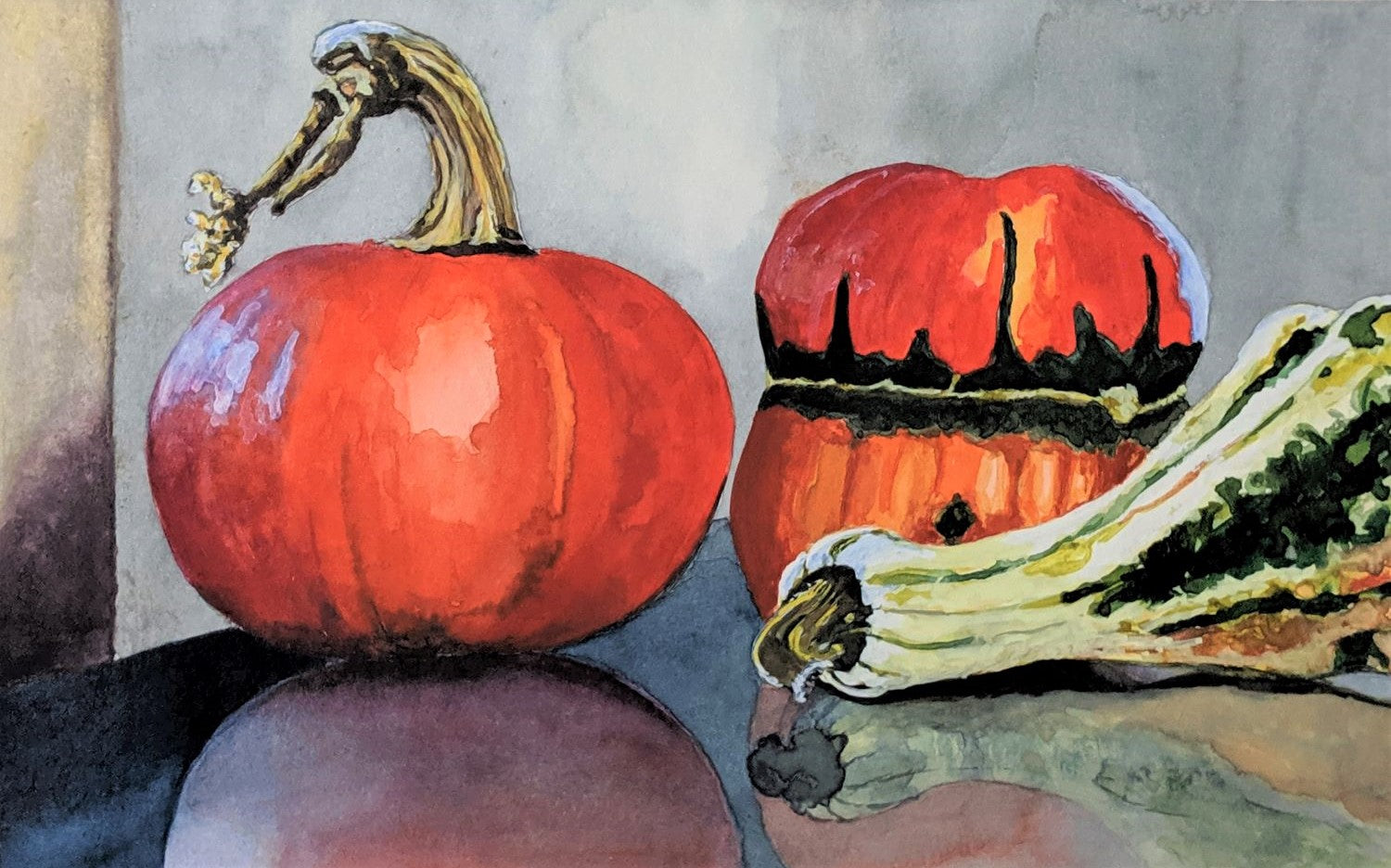 Pumpkins reflecting watercolor painting