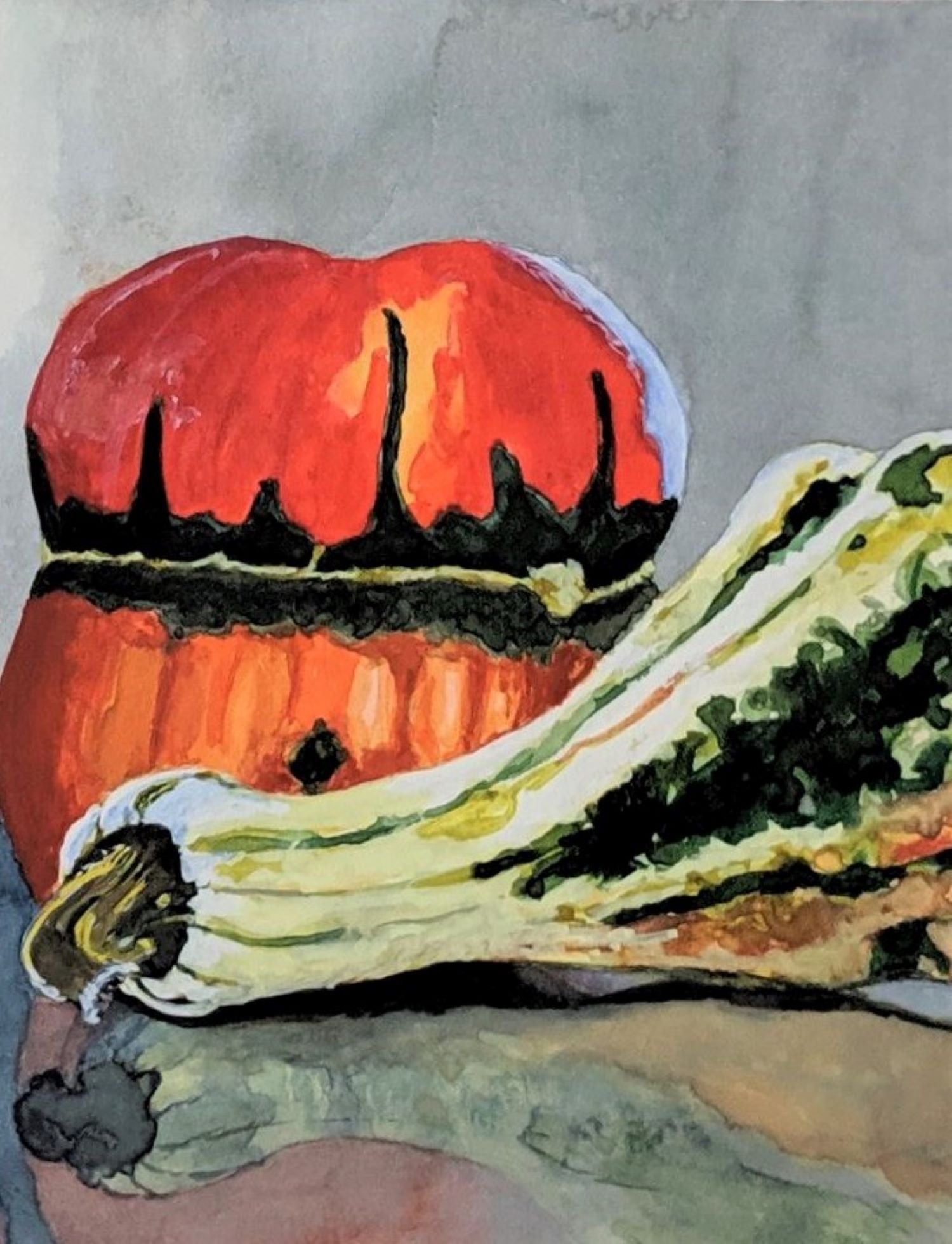 Pumpkins reflecting watercolor painting detail